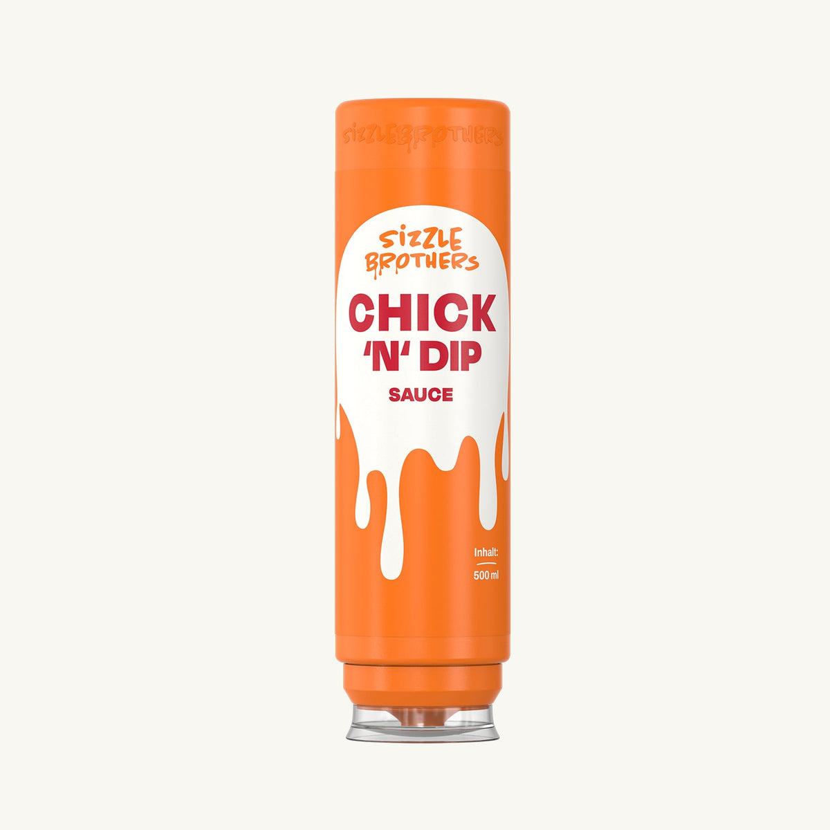 Sizzle Brothers Chick 'n' Dip Sauce 500 ml in der neuen orangefarbenen Kopfstandflasche, heller Hintergrund
