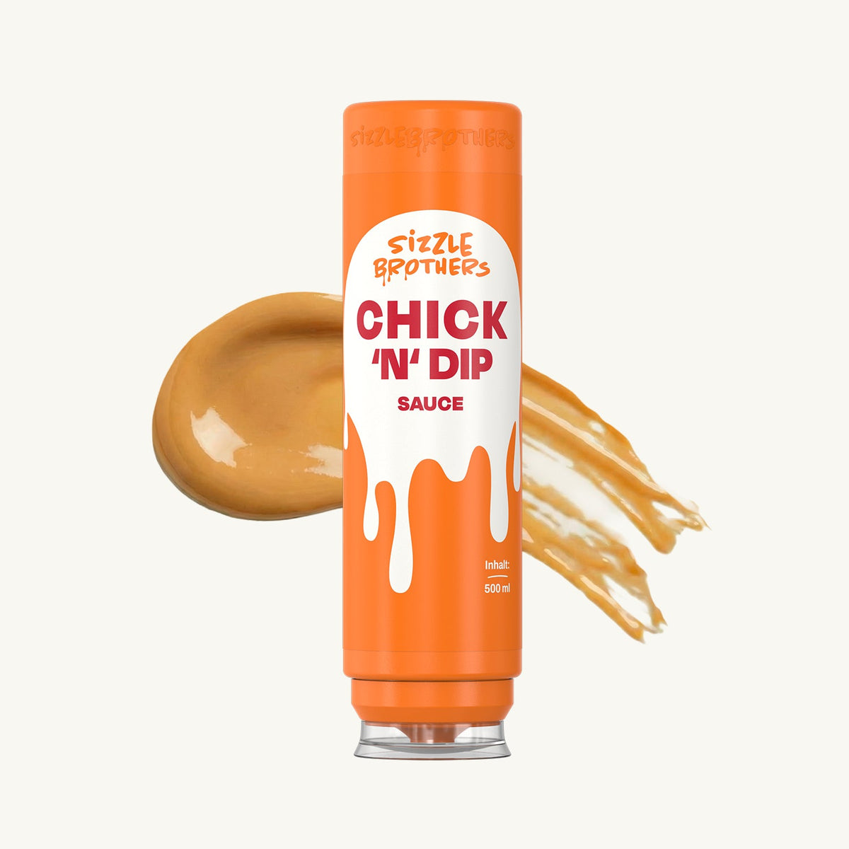 Chick 'n' Dip Sauce von Sizzle Brothers in orangefarbener 500-ml-Flasche mit einem Strich Sauce daneben