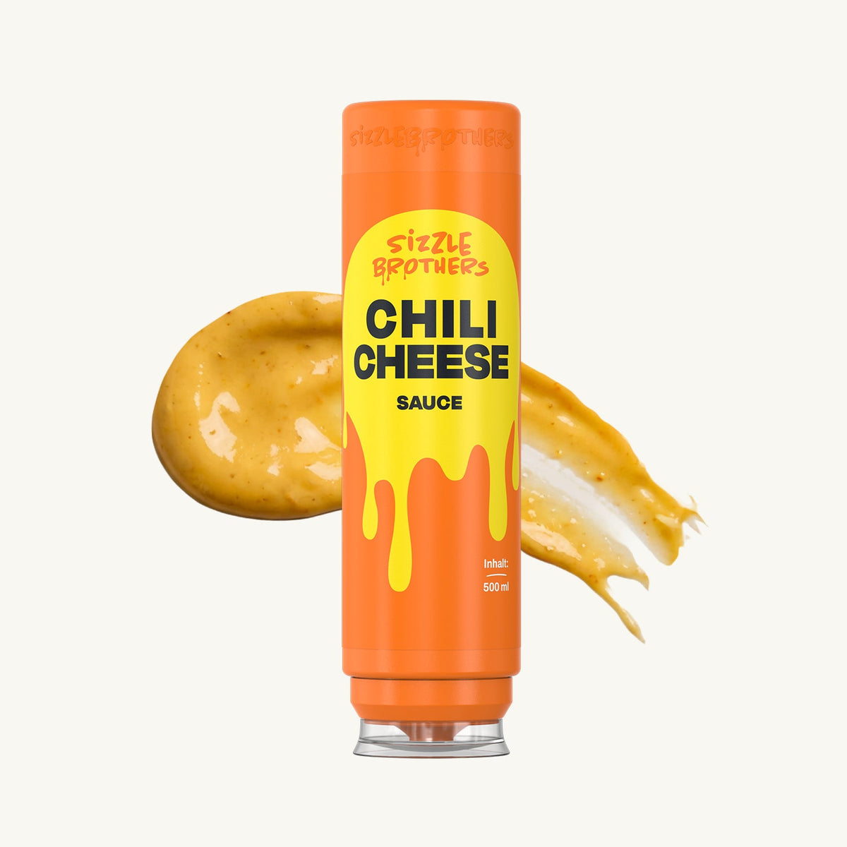 Orangefarbene 500-ml-Flasche Chili Cheese Sauce von Sizzle Brothers, daneben ein Klecks der Käsesauce