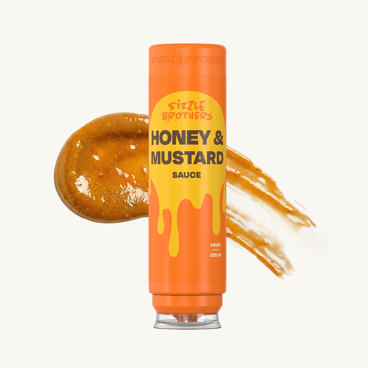 Orangefarbene 500-ml-Flasche Honey & Mustard Sauce von Sizzle Brothers, daneben ein Klecks der Sauce