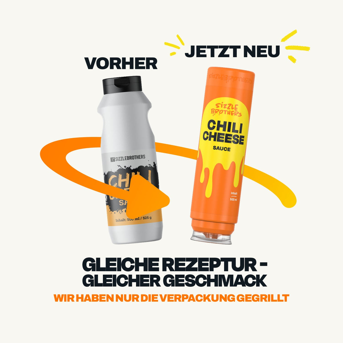 Verpackungsvergleich Chili Cheese Sauce von Sizzle Brothers: frühere weiße und neue orangefarbene Flasche, gleiche Rezeptur
