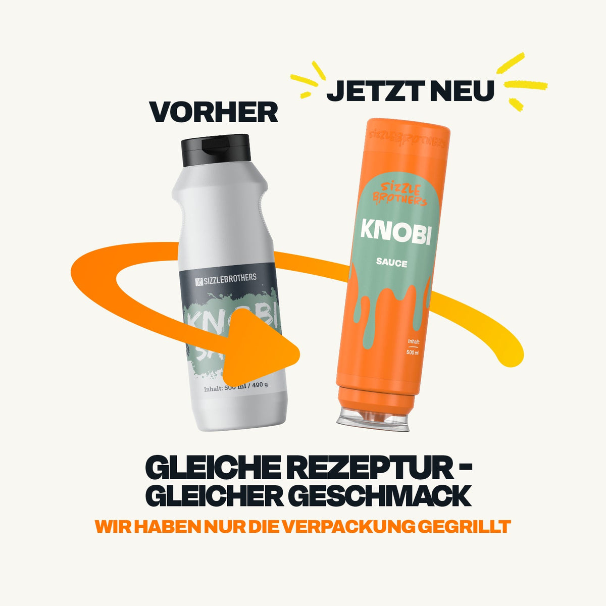 Sizzle Brothers Knobi Sauce: bisherige weiße und neue orange 500-ml-Flasche, Hinweis auf gleiche Rezeptur