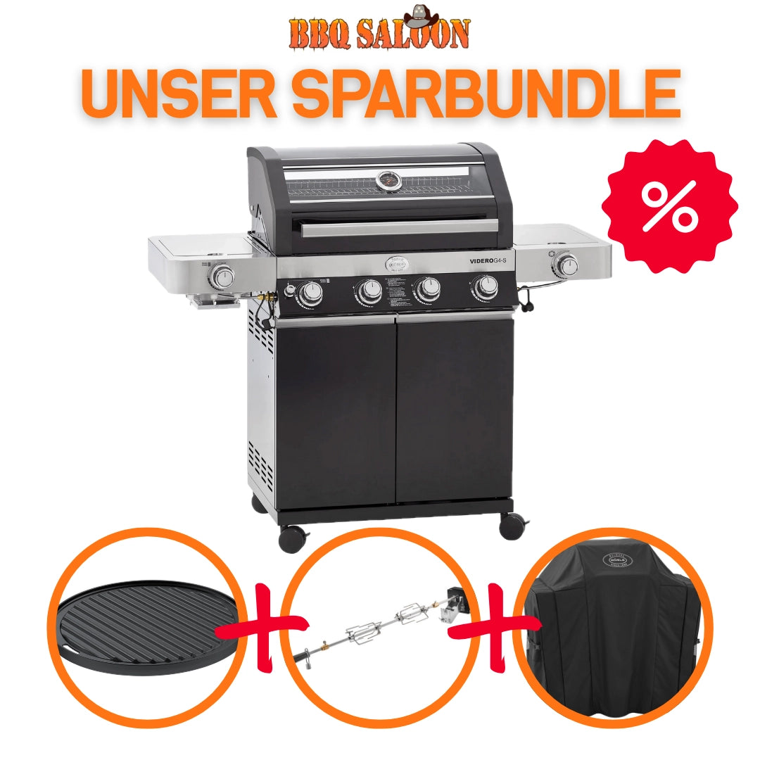 Rösle Videro G4-S Vario+ schwarz inkl. Abdeckhaube, Rotisserie & Grillplatte rund