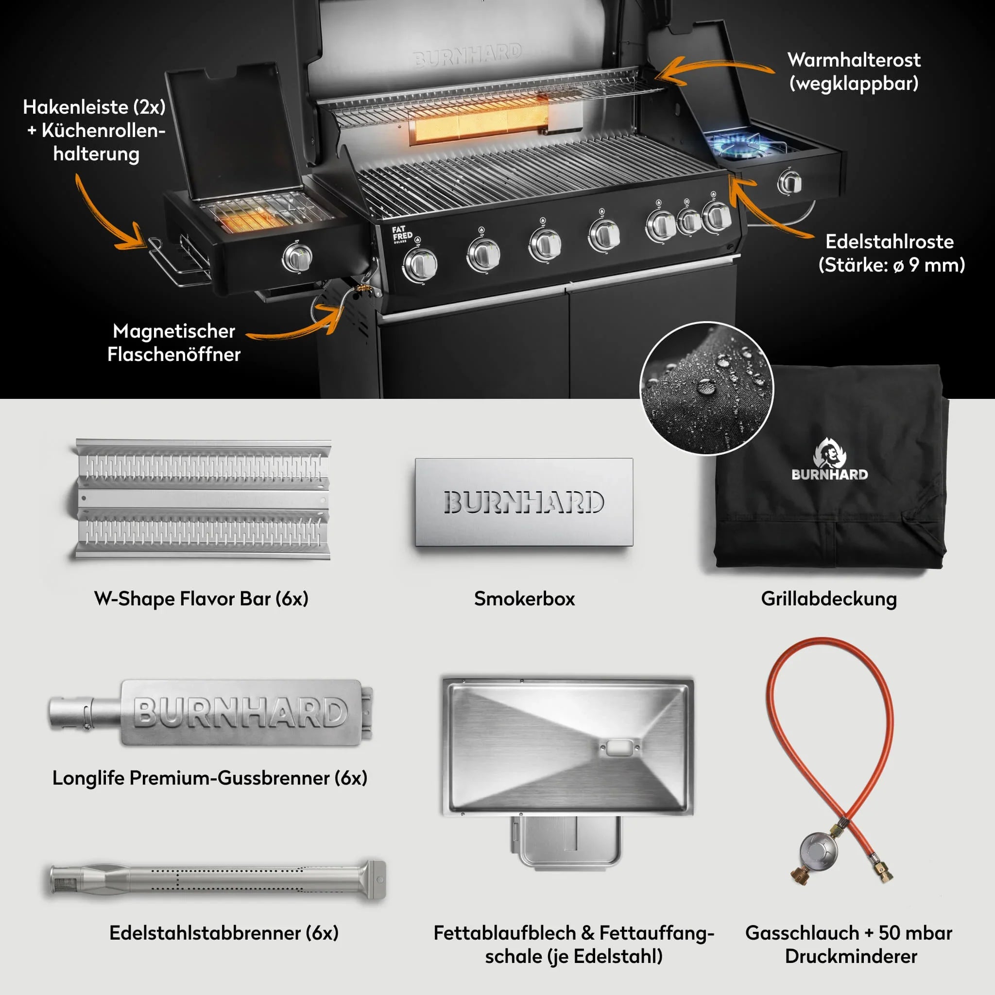 Burnhard Fat FRED Deluxe Gasgrill Black Edition 6-Brenner mit Edelstahlrost (Series 4)