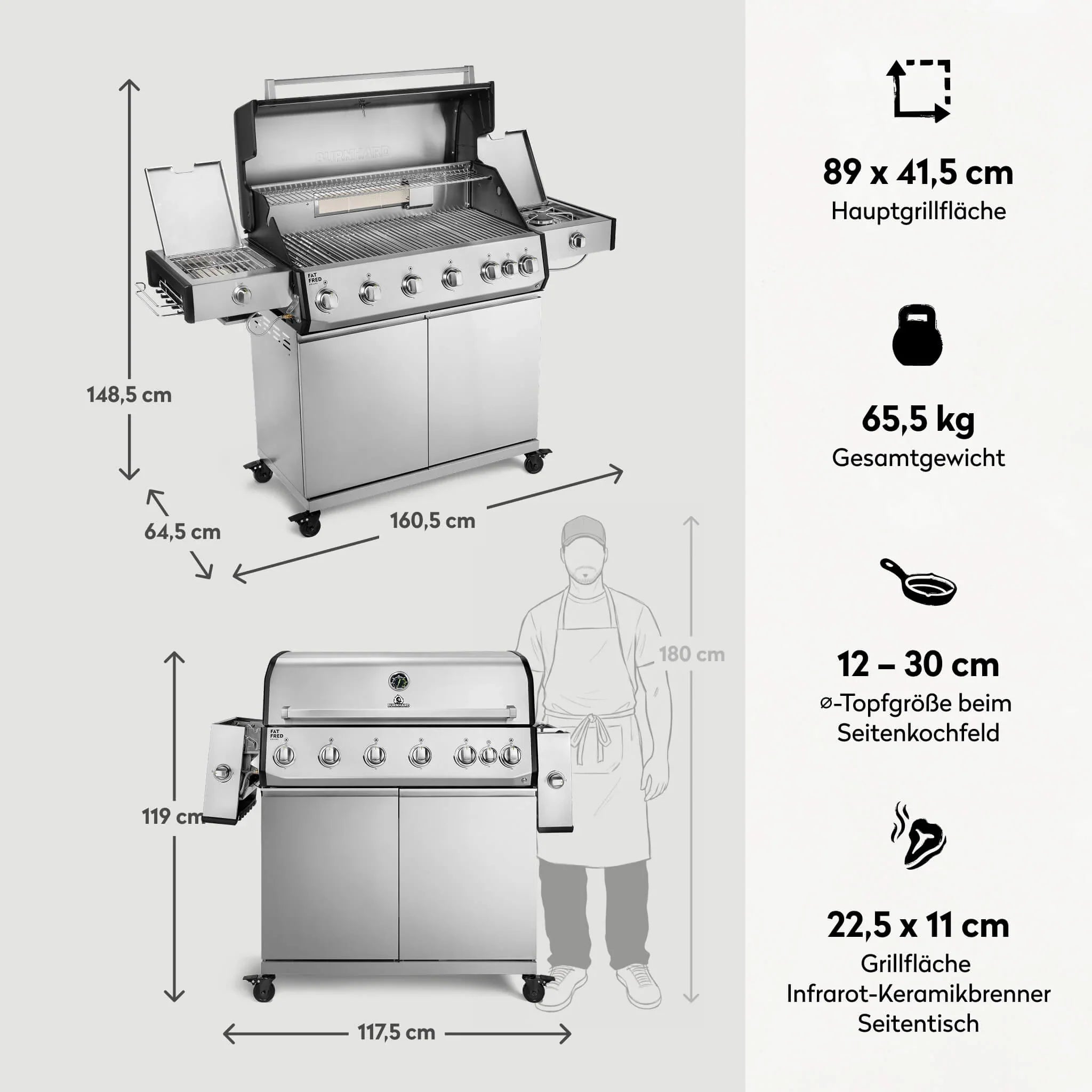 Burnhard Fat FRED Deluxe Gasgrill 6-Brenner Edelstahl mit Edelstahlrost Series 4