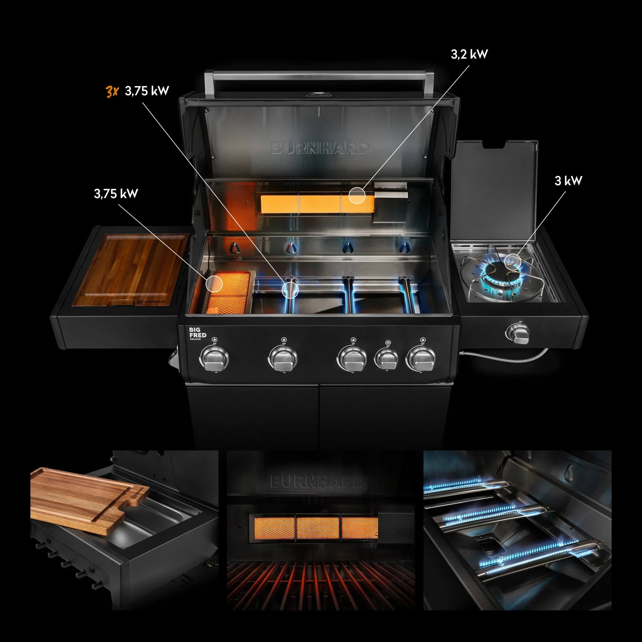 Burnhard Big FRED Deluxe Gasgrill Black Edition 4-Brenner mit Edelstahlrost Series 4
