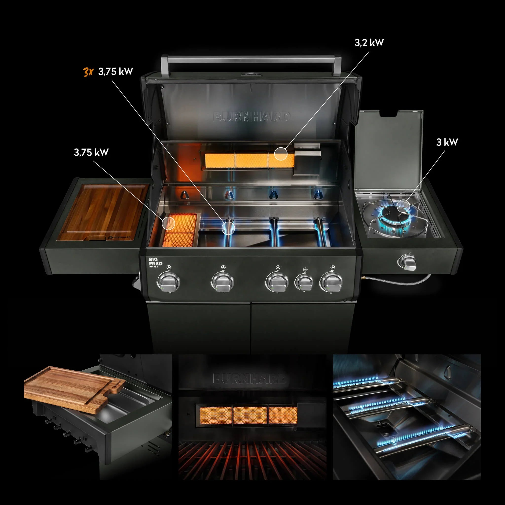 Burnhard Big FRED Deluxe Gasgrill Green Edition 4-Brenner mit Gusseisenrost Series 4