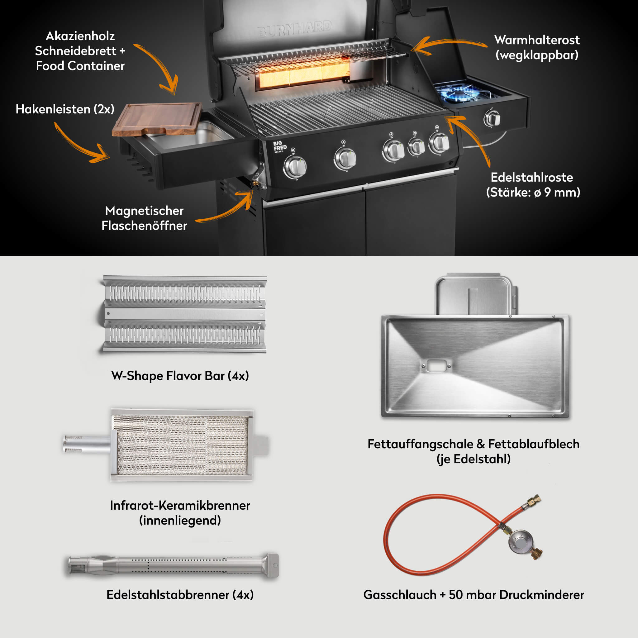 Burnhard Big FRED Deluxe Gasgrill Black Edition 4-Brenner mit Edelstahlrost Series 4