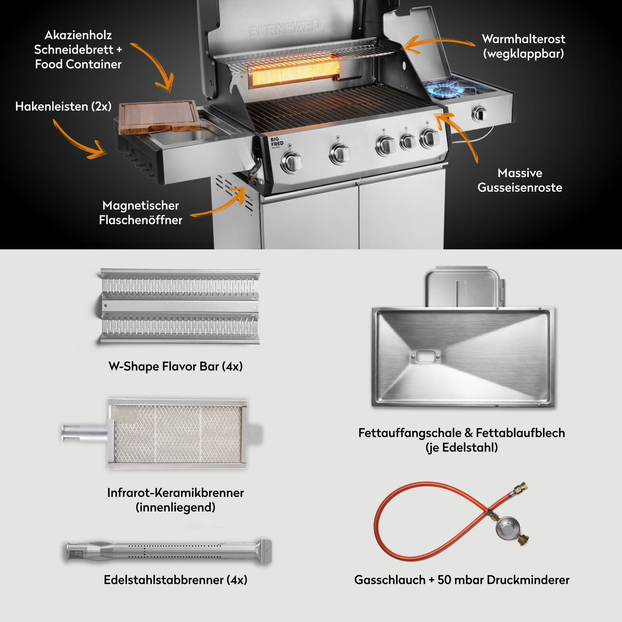 Burnhard Big FRED Deluxe Gasgrill Edelstahl 4-Brenner mit Gusseisenrost Series 4