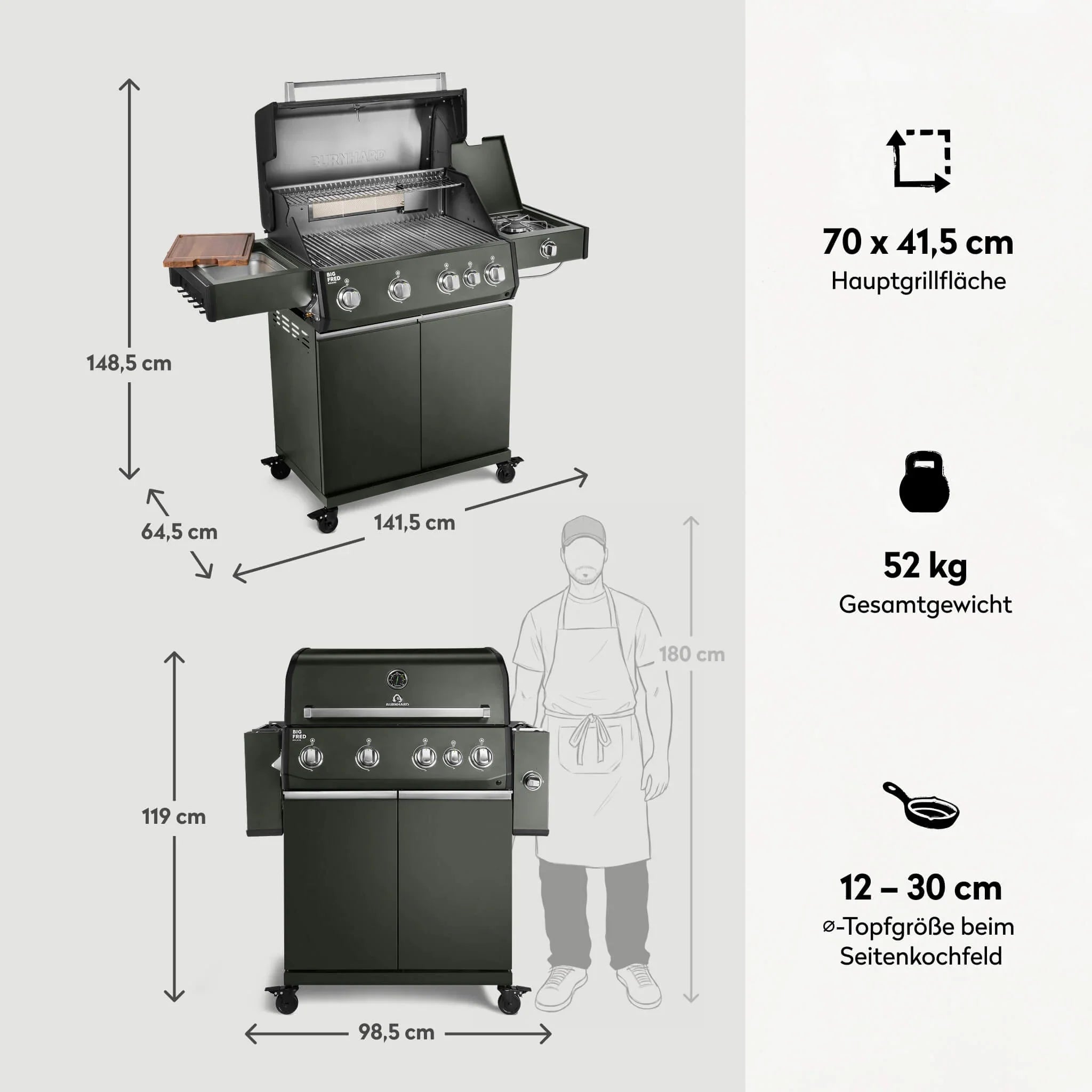 Burnhard Big FRED Deluxe Gasgrill Green Edition 4-Brenner mit Edelstahlrost Series 4
