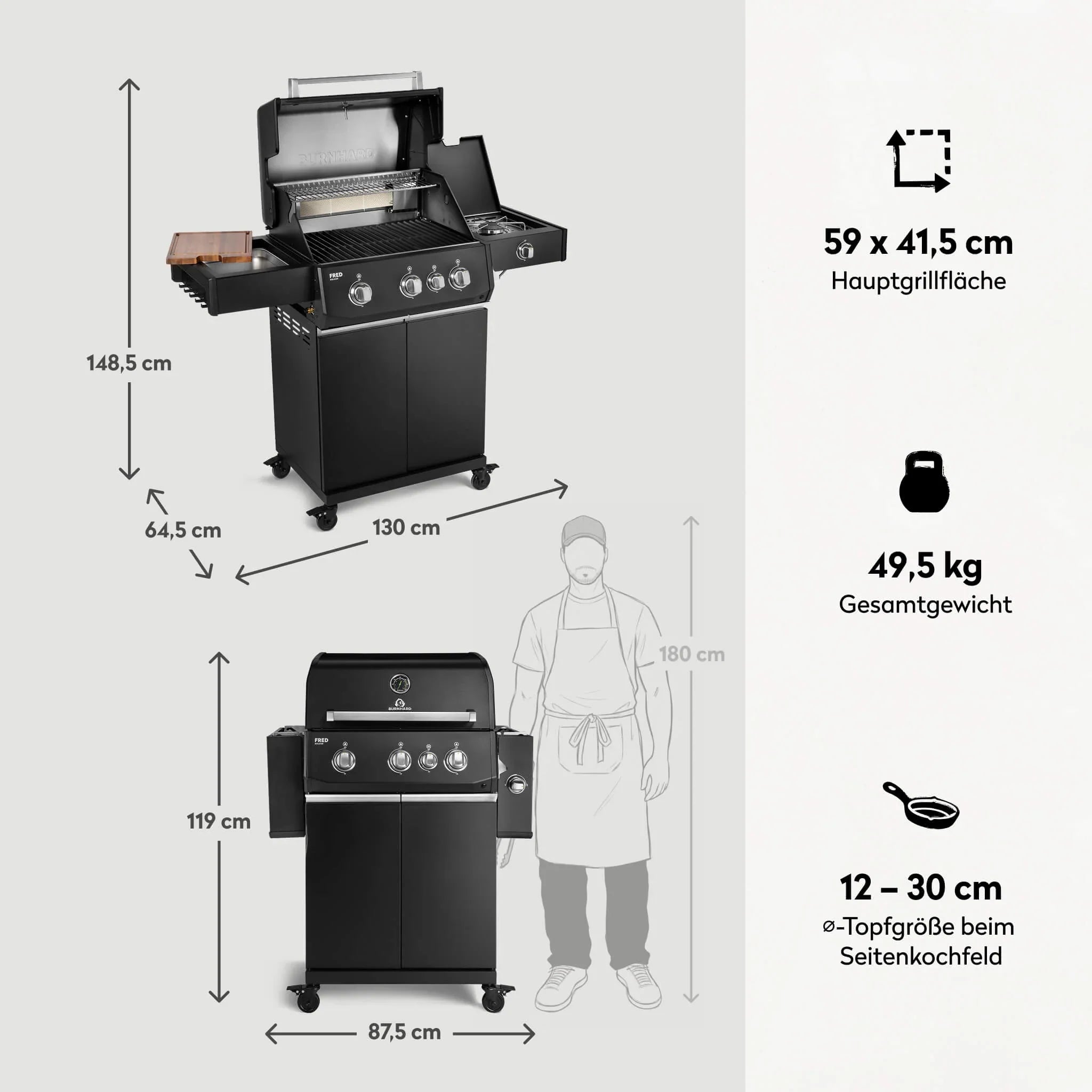 Burnhard FRED Deluxe Gasgrill 3-Brenner Black Edition mit Gusseisenrost Series 4