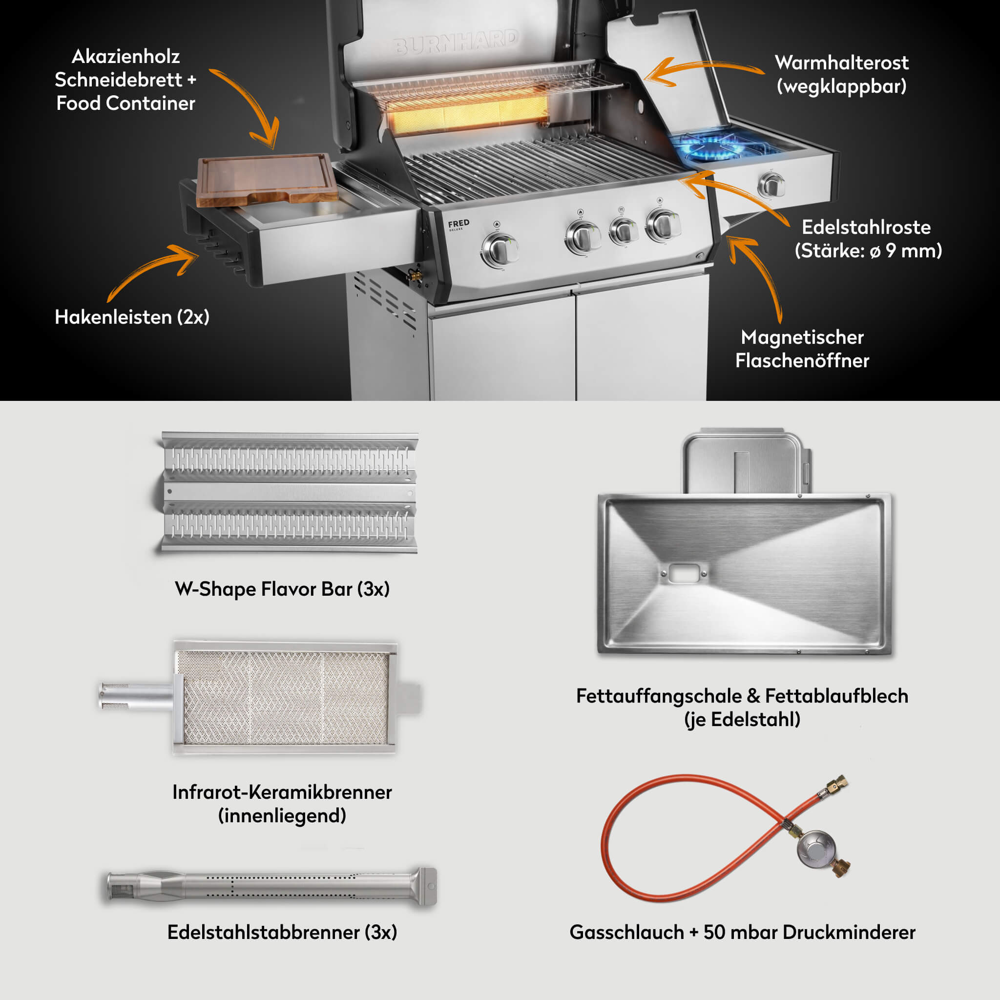 Burnhard FRED Deluxe Gasgrill 3-Brenner Edelstahl mit Edelstahlrost Series 4