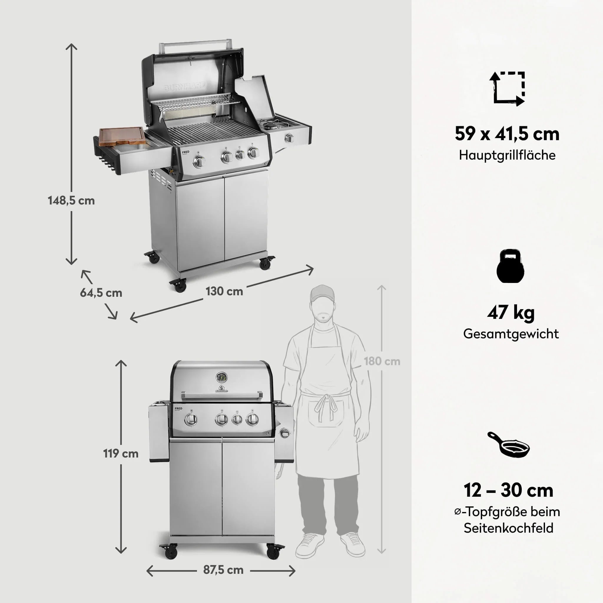 Burnhard FRED Deluxe Gasgrill 3-Brenner Edelstahl mit Gusseisenrost Series 4