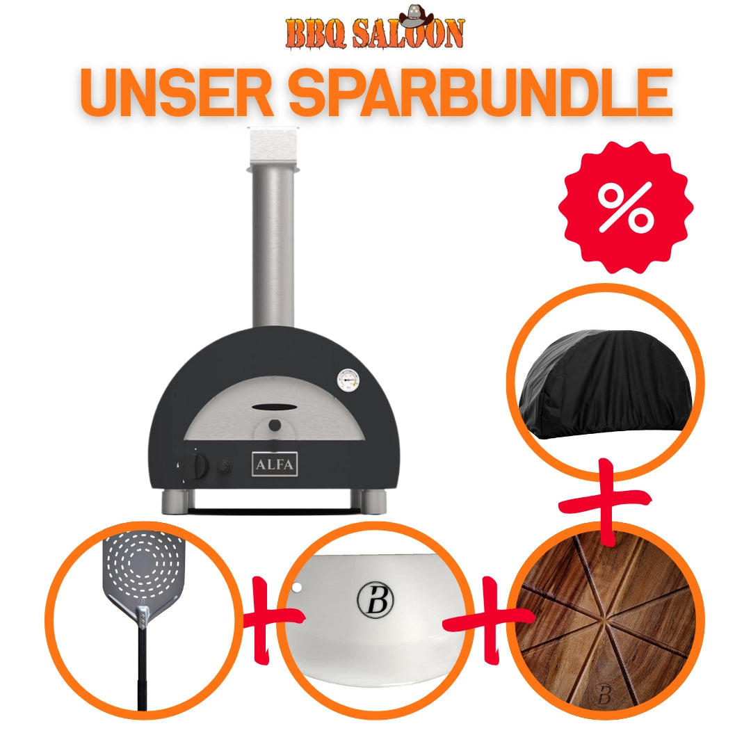 Alfa Portable GRAU inkl. Abdeckhaube, Babossa Pizzaschaufel, Teigschaber 2 Stk. & Pizzabrett