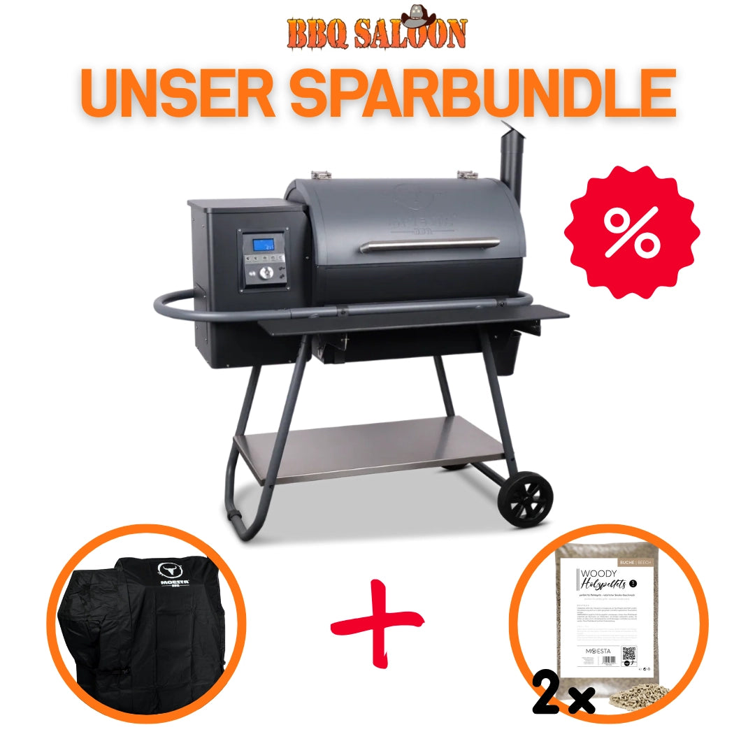 Mostea Sheriff Grill-Set Schwarz – mit Abdeckhaube, Ablagebrett & Buchenpellets