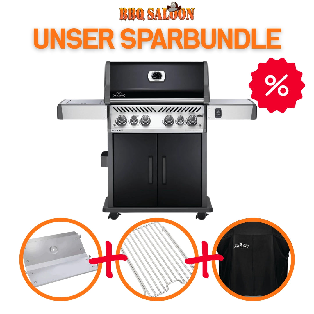 Napoleon Rogue SE 525 Vorteilsbundle mit Abdeckhaube, Babossa Hitzeschild und Edelstahlrost für Sizzle Zone