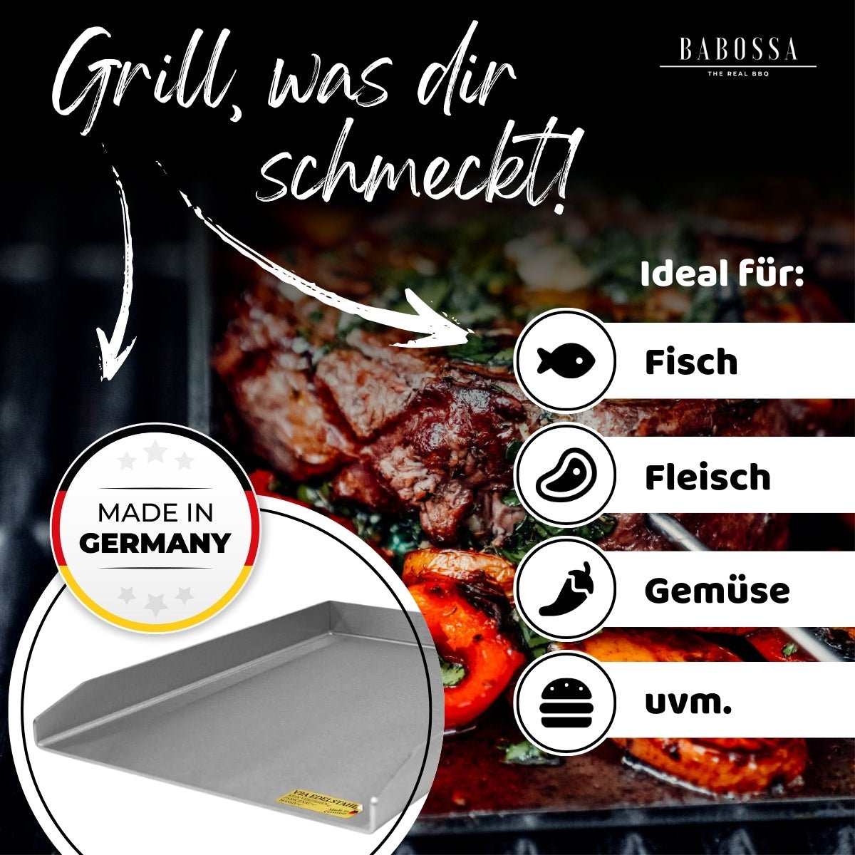 Plancha | Grillplatte | Edelstahl V2A | Grillfürst G - Serie | 23,5x41,5cm - BABOSSAPlancha | Grillplatte | Edelstahl V2A | Grillfürst G - Serie | 23,5x41,5cmPlanchaGrillfürstBABOSSA
