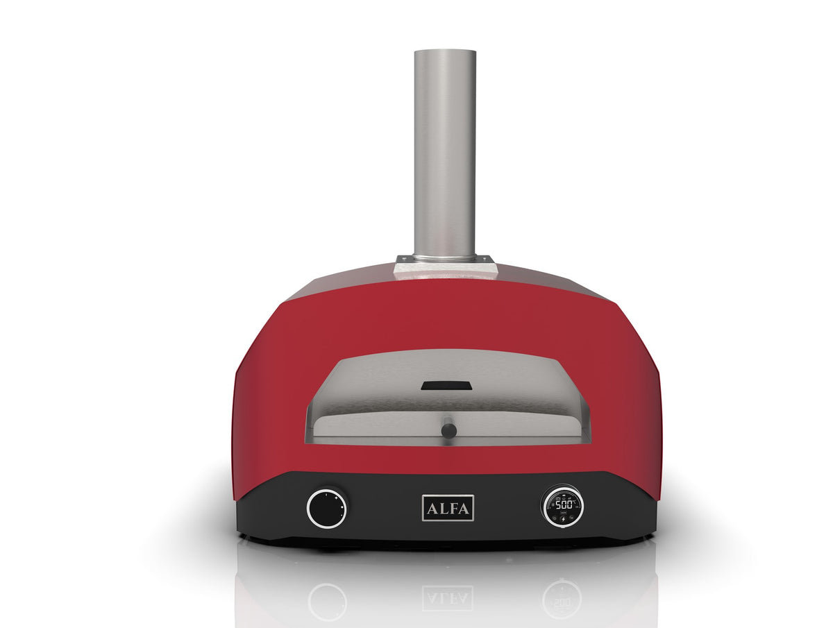 Alfa Forni EVO Hybrid-Pizzaofen in Rubin Rot, Frontansicht mit digitalem Display und Kamin
