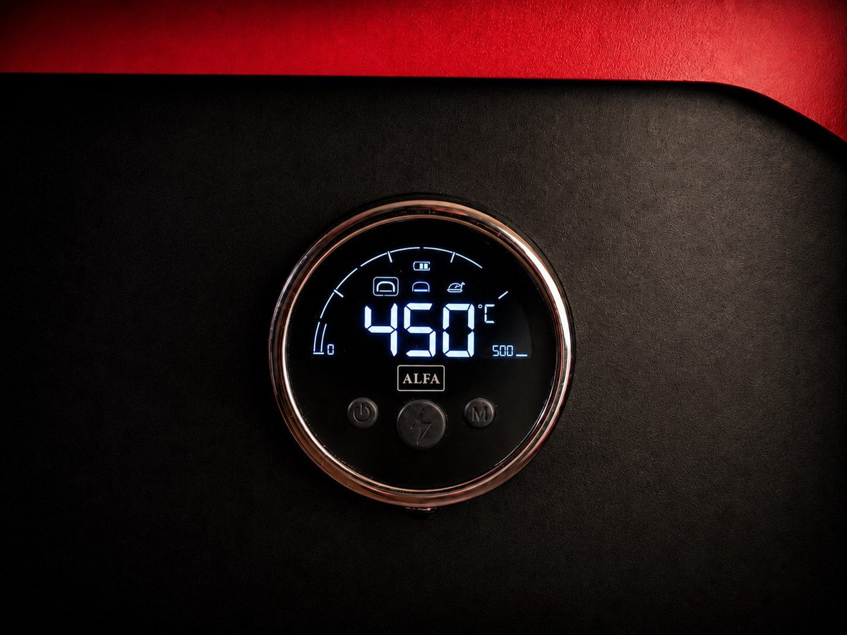 Digitales Frontdisplay des Alfa Forni EVO mit Backkammer-, Schamottboden- und Kerntemperatur