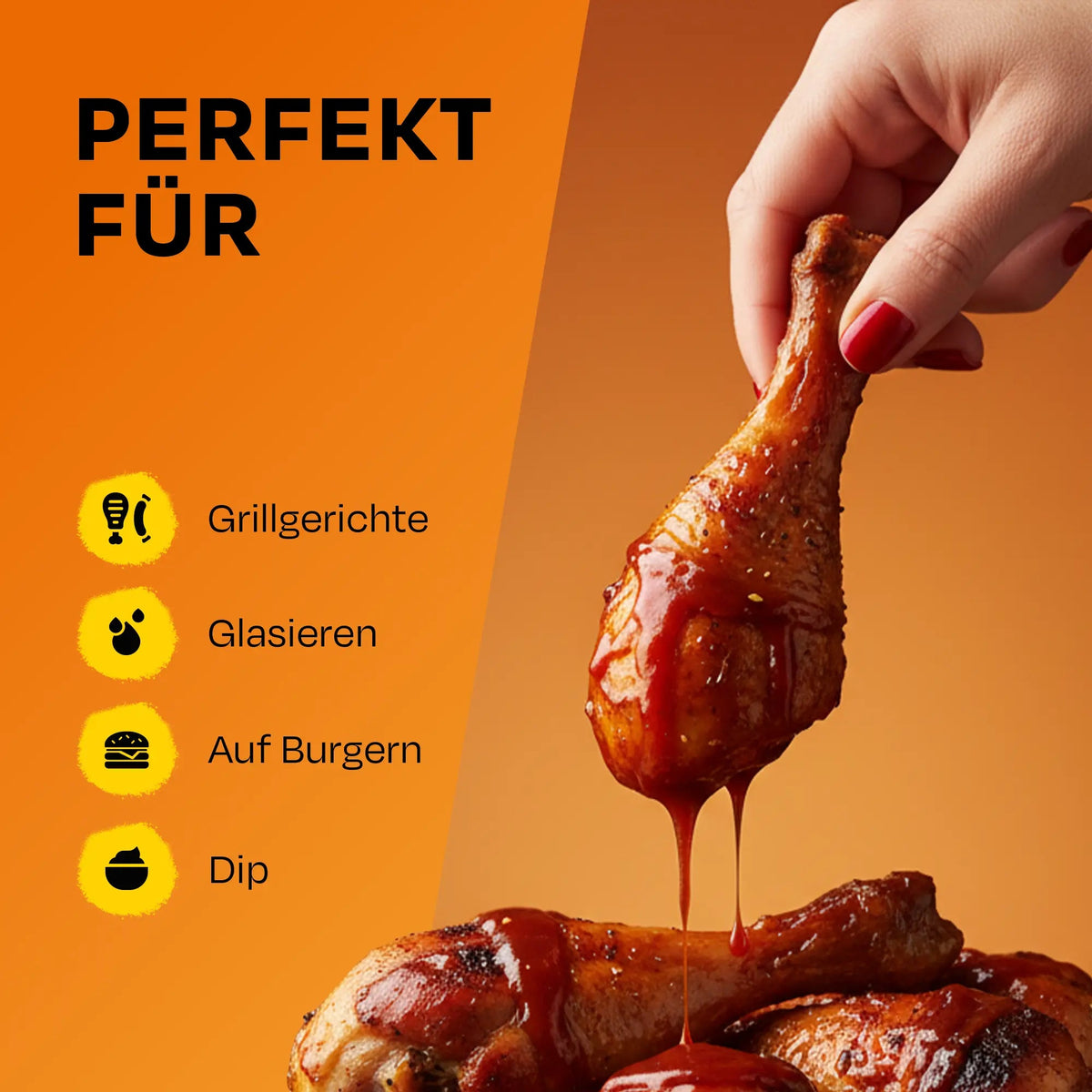 Hand taucht Hähnchenschenkel in Burger & Ribs BBQ-Sauce, Grafik nennt Grillgerichte, Glasieren, Burger und Dip