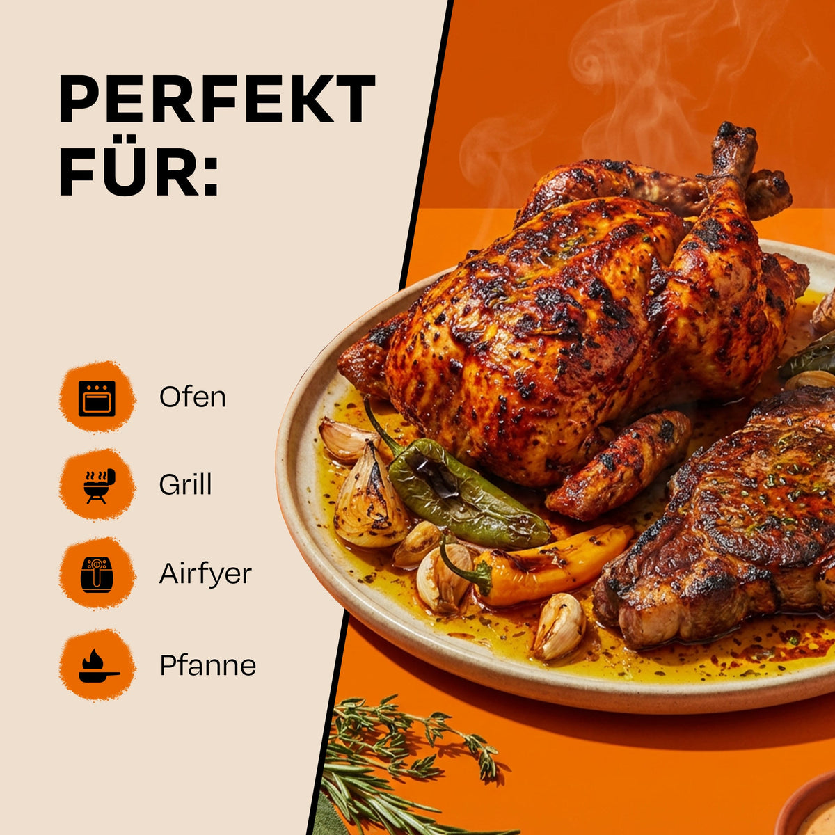 Sizzle Brothers Schwarzer Knobi Marinade, Grafik mit Hähnchen und Steak: für Ofen, Grill, Airfryer und Pfanne