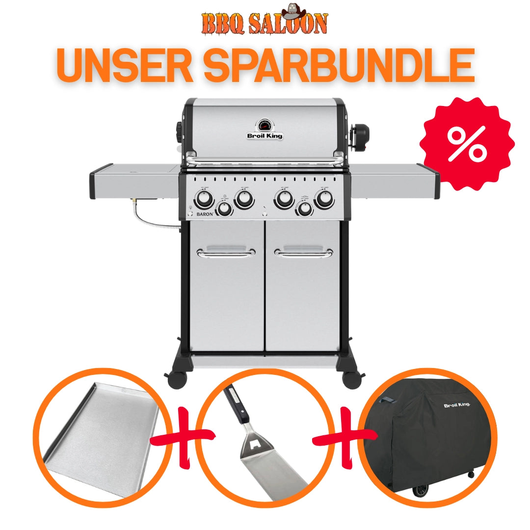 Broil King Baron S 490 IR inkl. Drehspieß, Abdeckhaube, Babossa Edelstahl Plancha & Broil King Imperial Wender Extra Lang