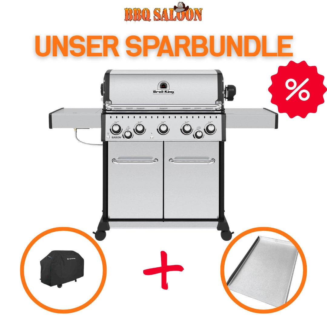 Broil King Baron S 590 IR inkl. Drehspieß, Abdeckhaube & Babossa Edelstahl Plancha
