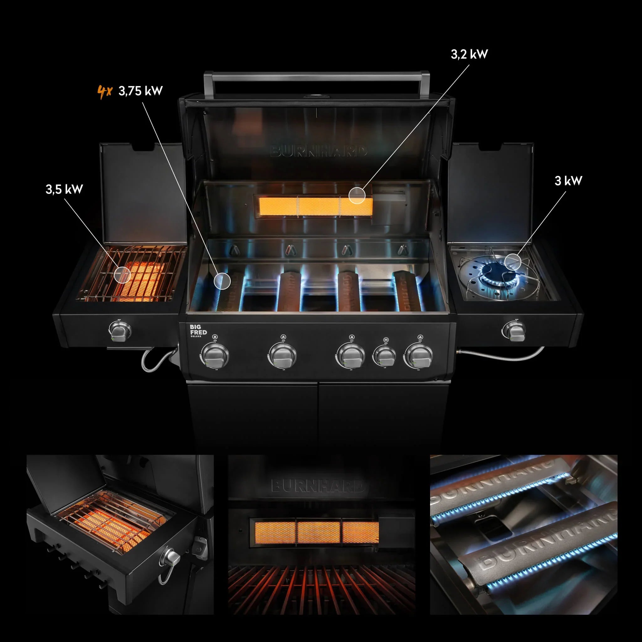 Burnhard Big FRED Deluxe Gasgrill Black Edition 4-Brenner mit Gusseisenrost Series 4