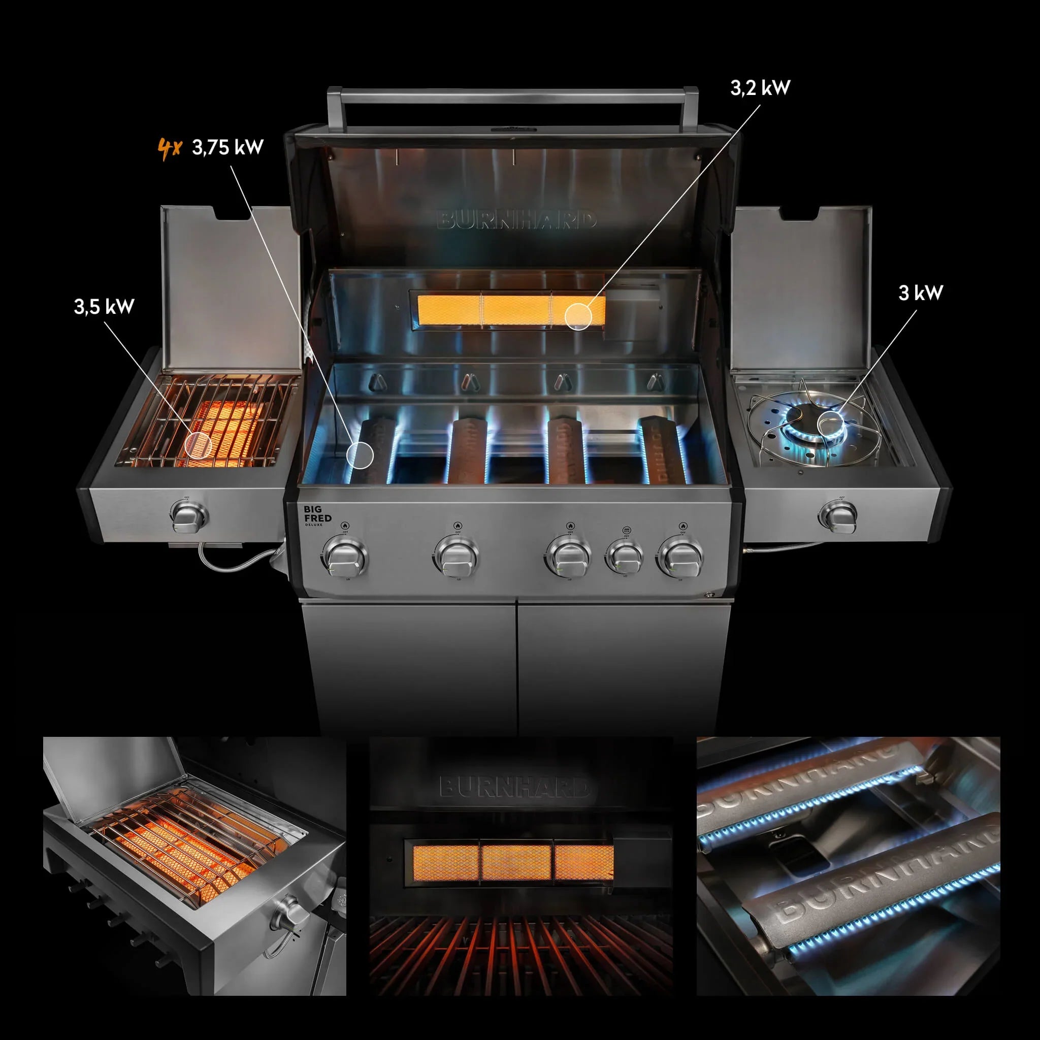 Burnhard Big FRED Deluxe Gasgrill Edelstahl 4-Brenner mit Gusseisenrost Series 4