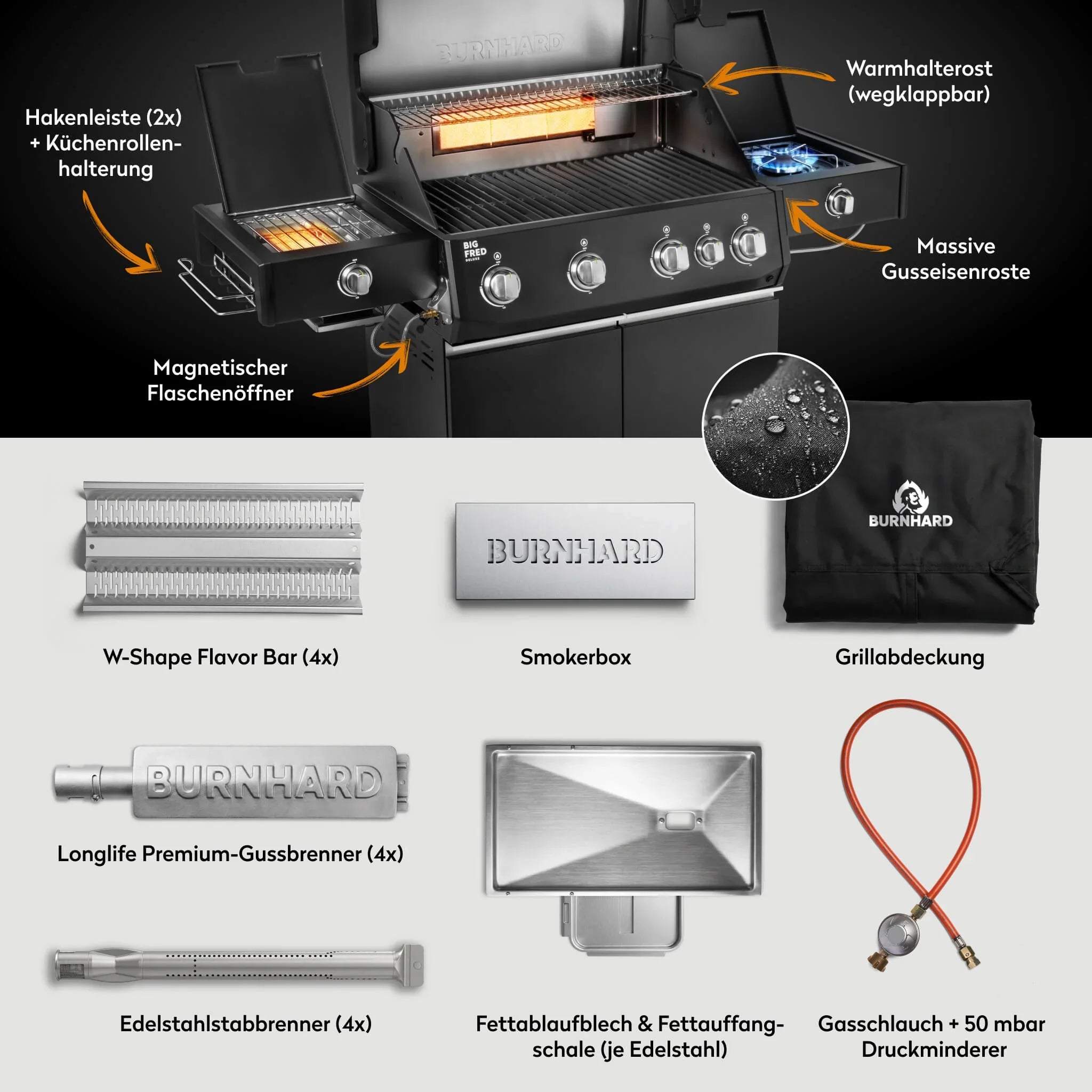 Burnhard Big FRED Deluxe Gasgrill Black Edition 4-Brenner mit Gusseisenrost Series 4
