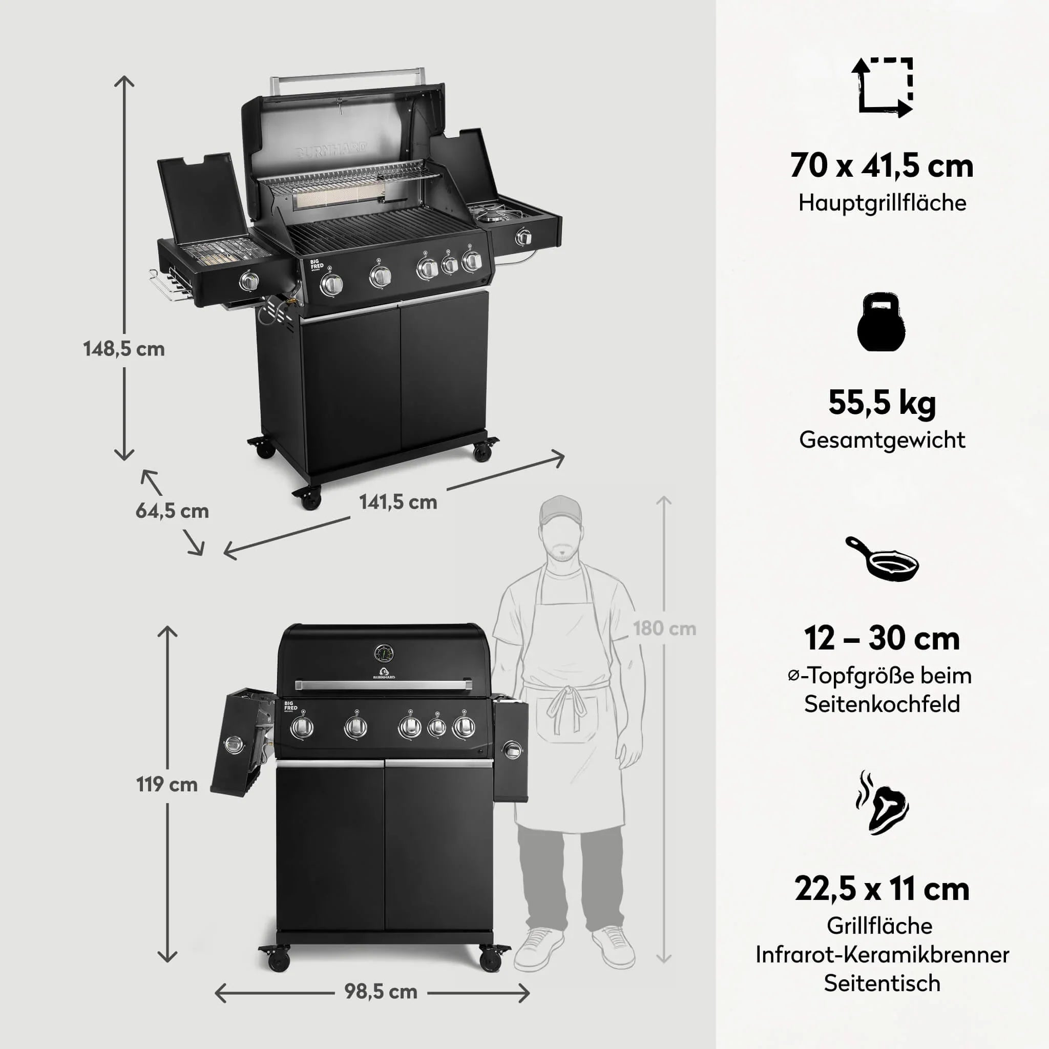 Burnhard Big FRED Deluxe Gasgrill Black Edition 4-Brenner mit Gusseisenrost Series 4