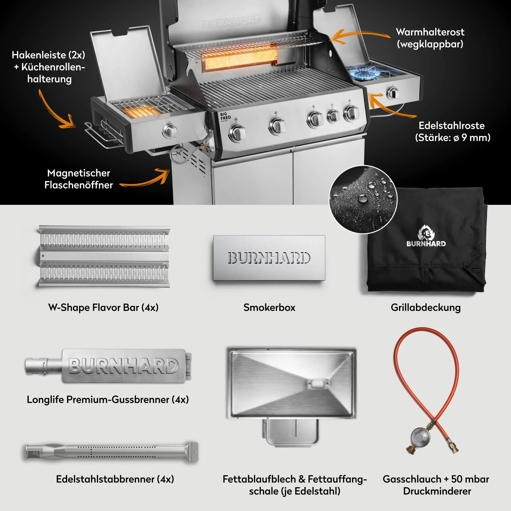 Burnhard Big FRED Deluxe Gasgrill Edelstahl 4-Brenner mit Edelstahlrost Series 4