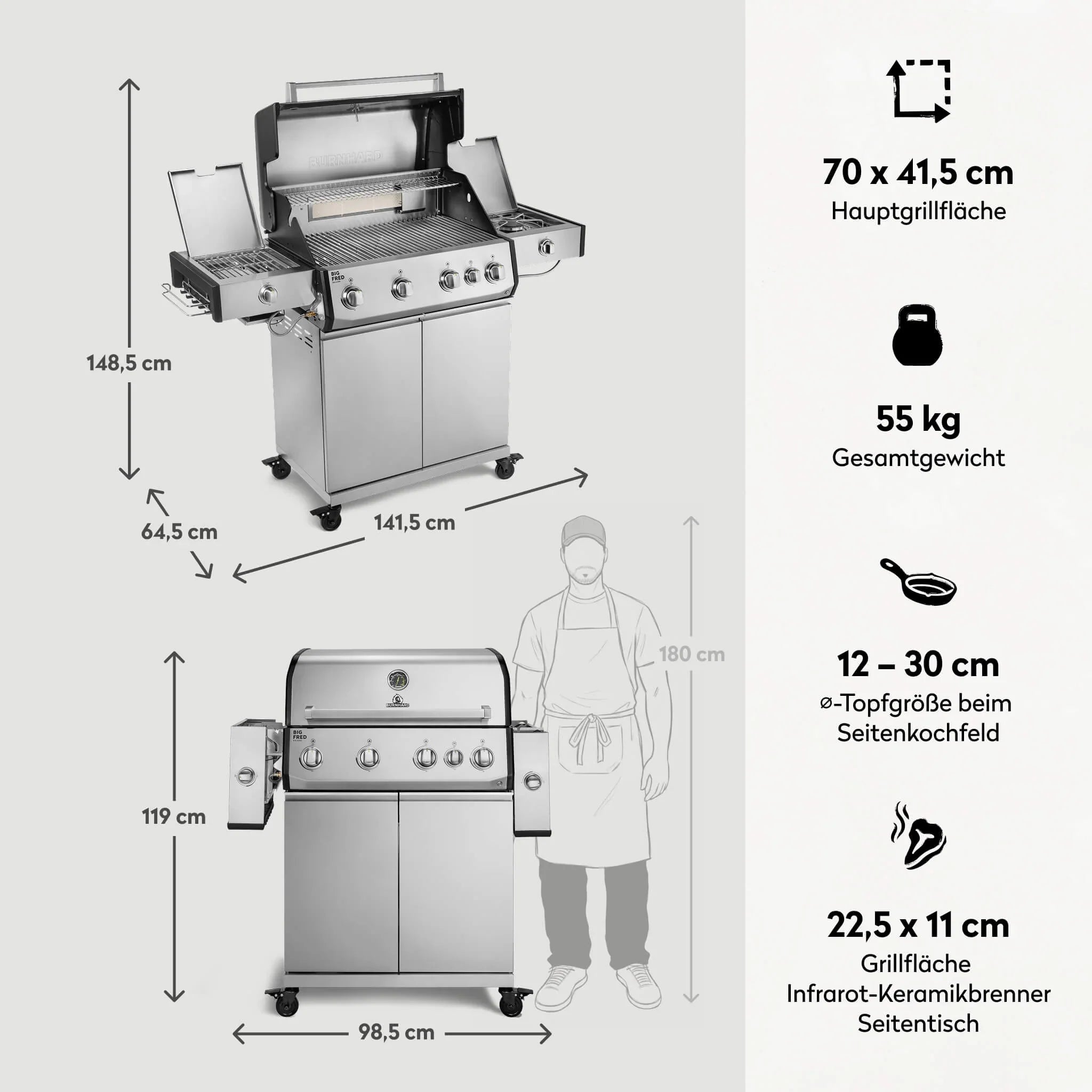 Burnhard Big FRED Deluxe Gasgrill Edelstahl 4-Brenner mit Edelstahlrost Series 4