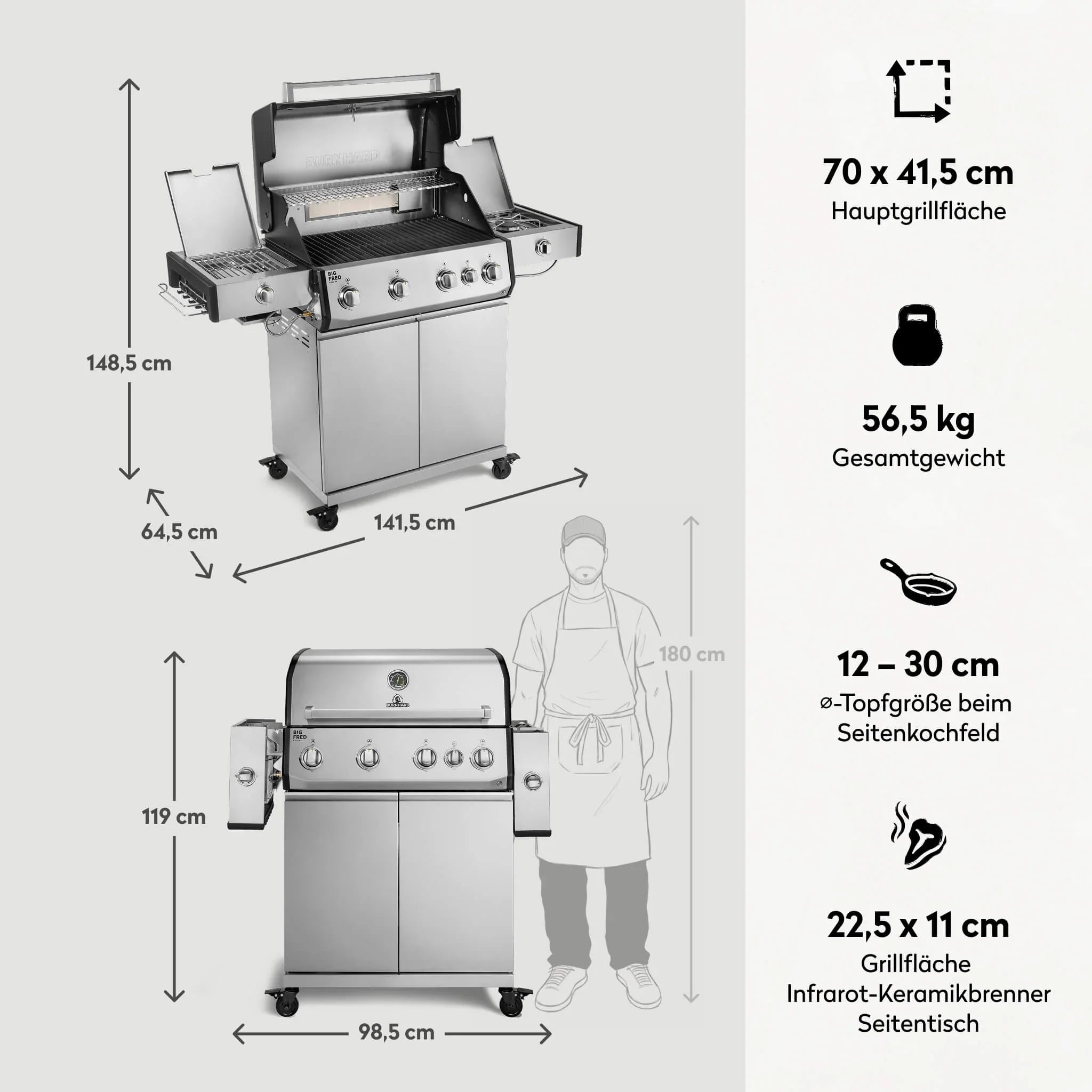 Burnhard Big FRED Deluxe Gasgrill Edelstahl 4-Brenner mit Gusseisenrost Series 4