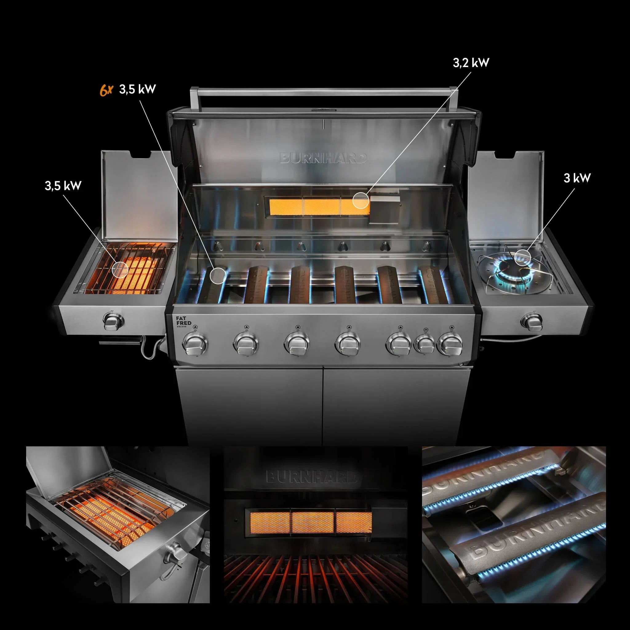 Burnhard Fat FRED Deluxe Gasgrill 6-Brenner Edelstahl mit Gusseisenrost Series 4