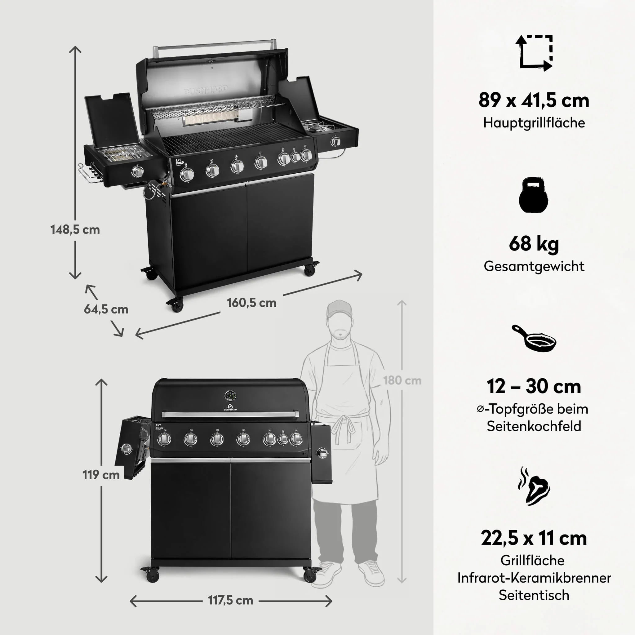 Burnhard Fat FRED Deluxe Gasgril Black Edition 6-Brenner mit Gusseisenrost (Series 4)