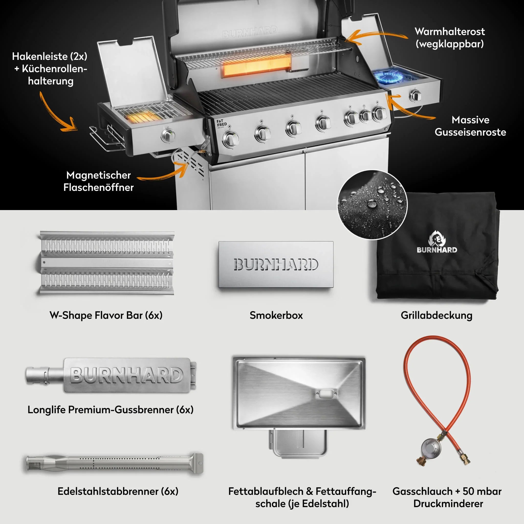 Burnhard Fat FRED Deluxe Gasgrill 6-Brenner Edelstahl mit Gusseisenrost Series 4