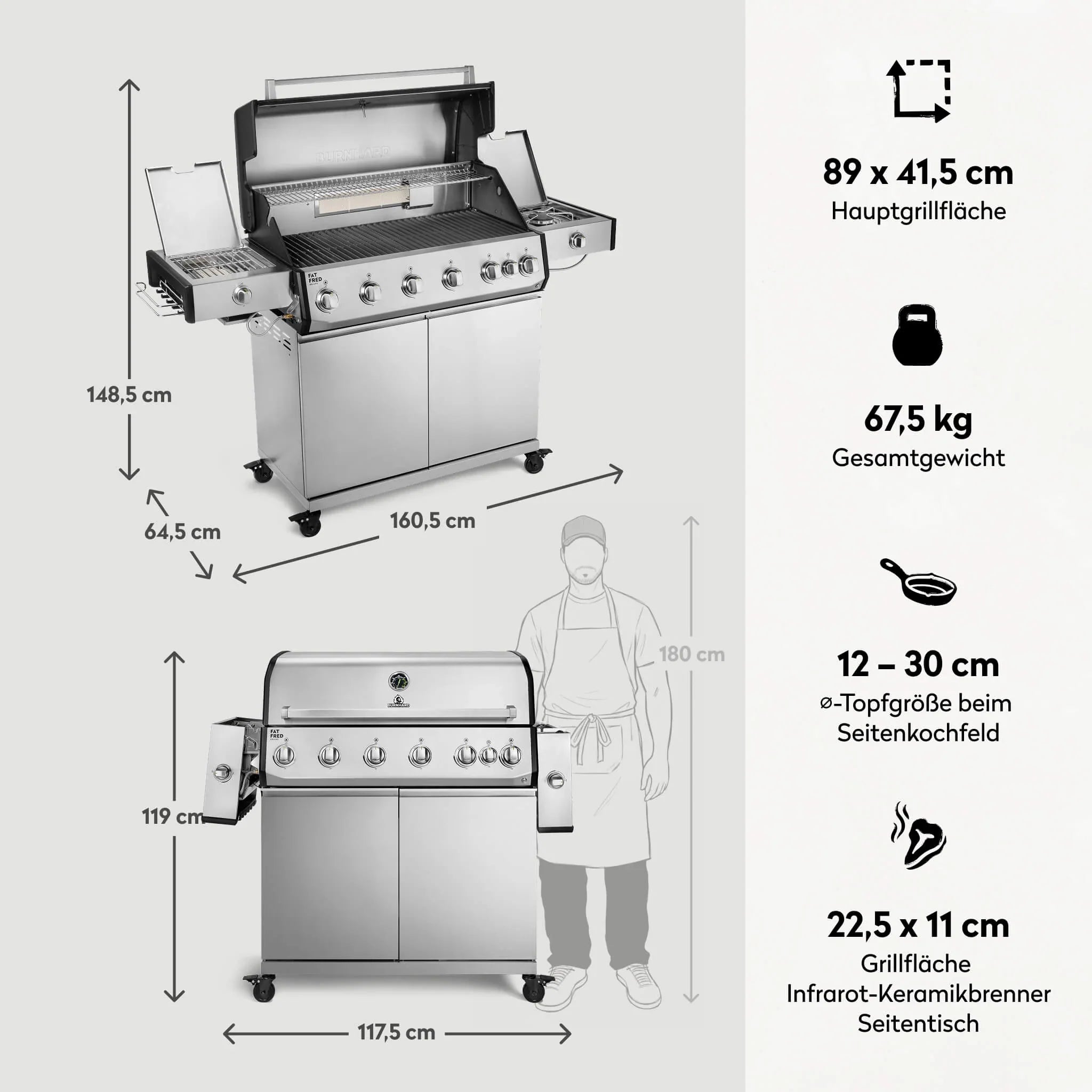 Burnhard Fat FRED Deluxe Gasgrill 6-Brenner Edelstahl mit Gusseisenrost Series 4