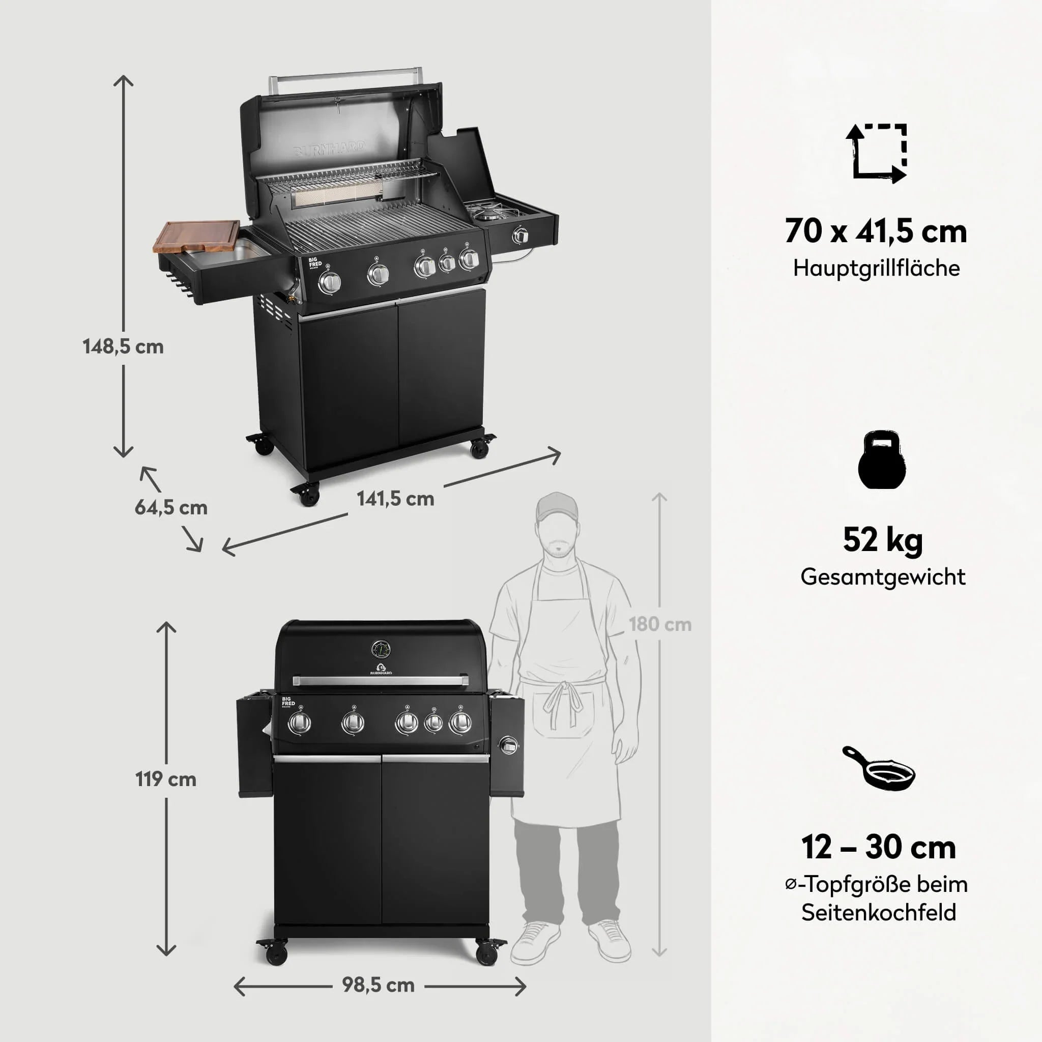 Burnhard Big FRED Deluxe Gasgrill Black Edition 4-Brenner mit Edelstahlrost Series 4