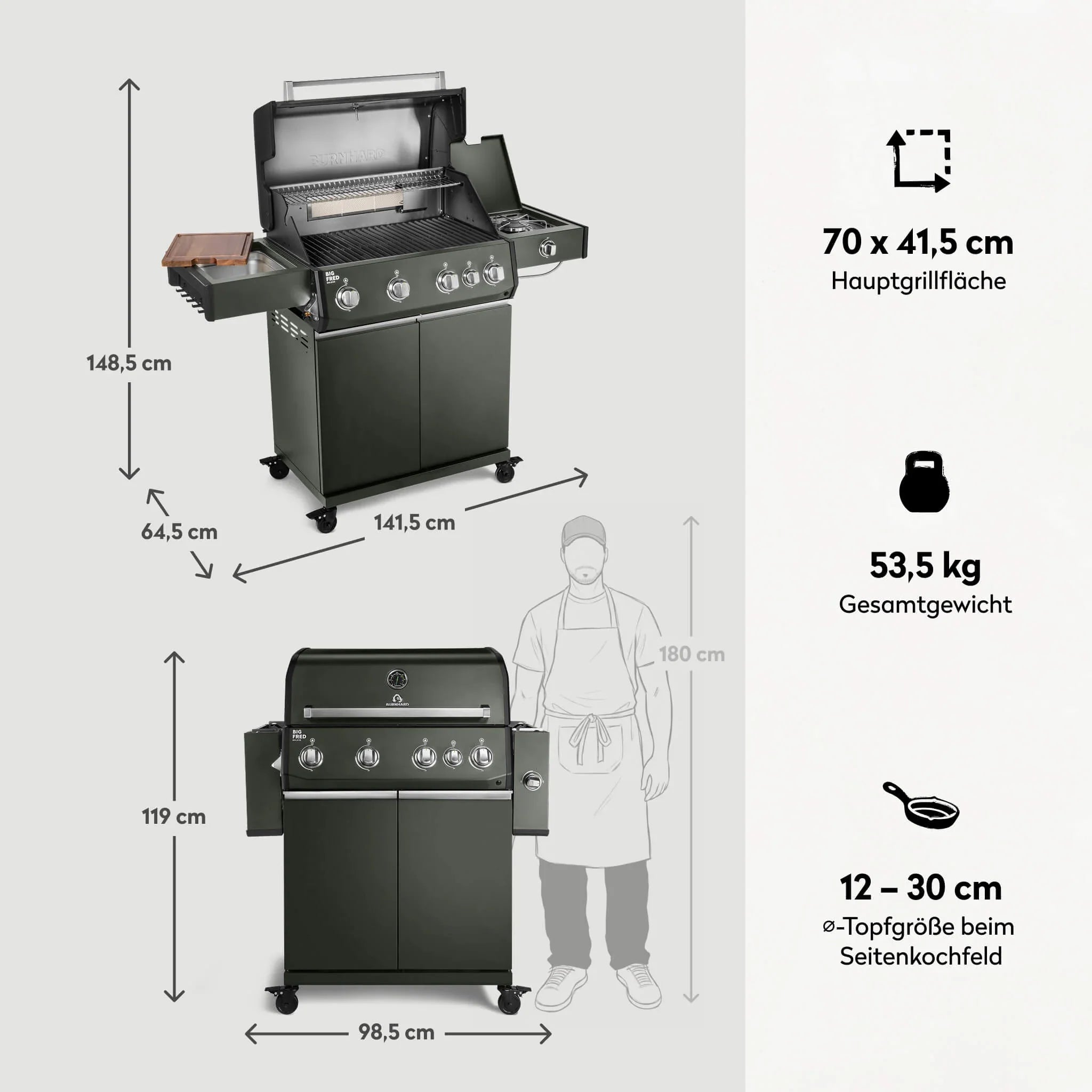Burnhard Big FRED Deluxe Gasgrill Green Edition 4-Brenner mit Gusseisenrost Series 4
