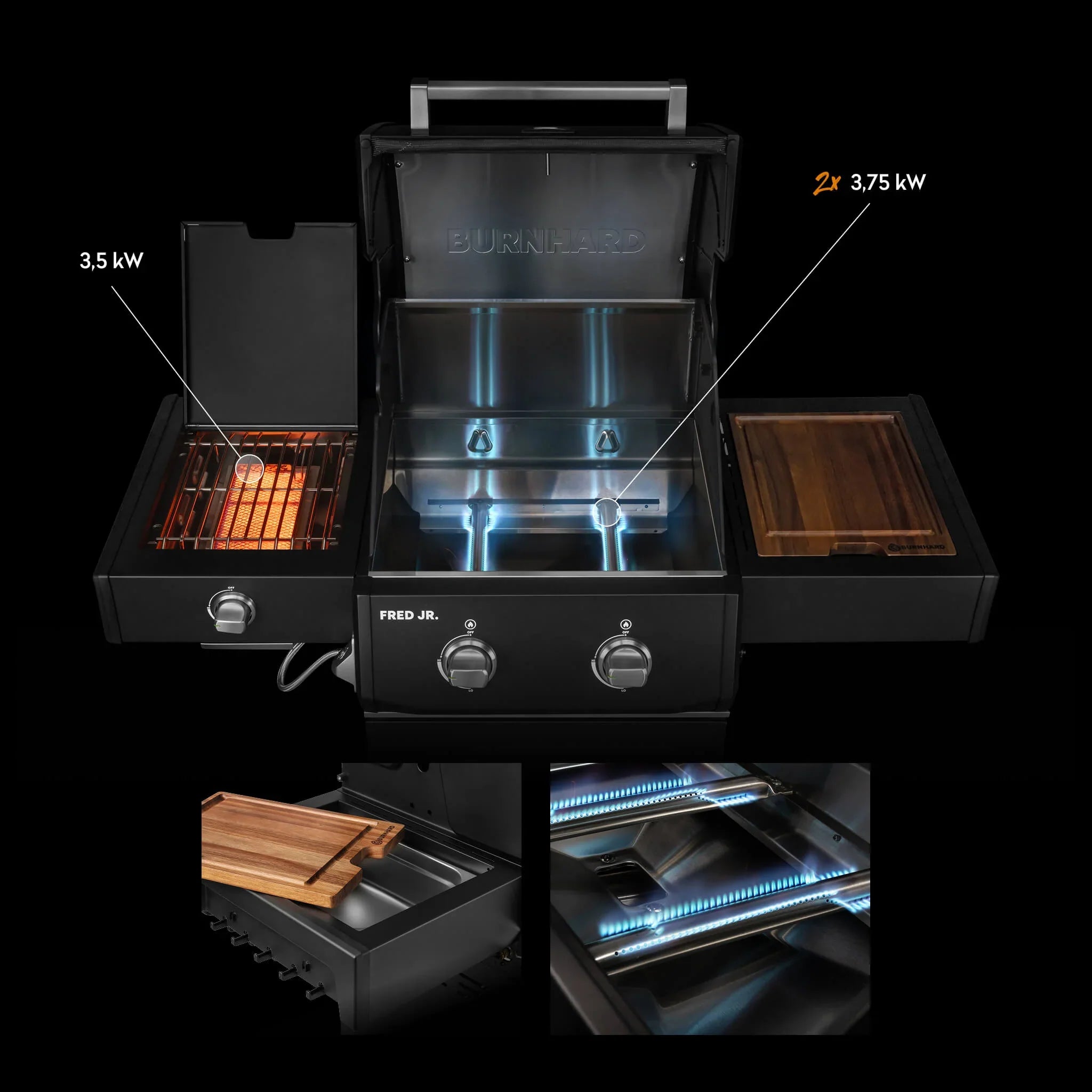 Burnhard FRED Jr. Deluxe Gasgrill Black Edition 2-Brenner mit Gussrost Series 4