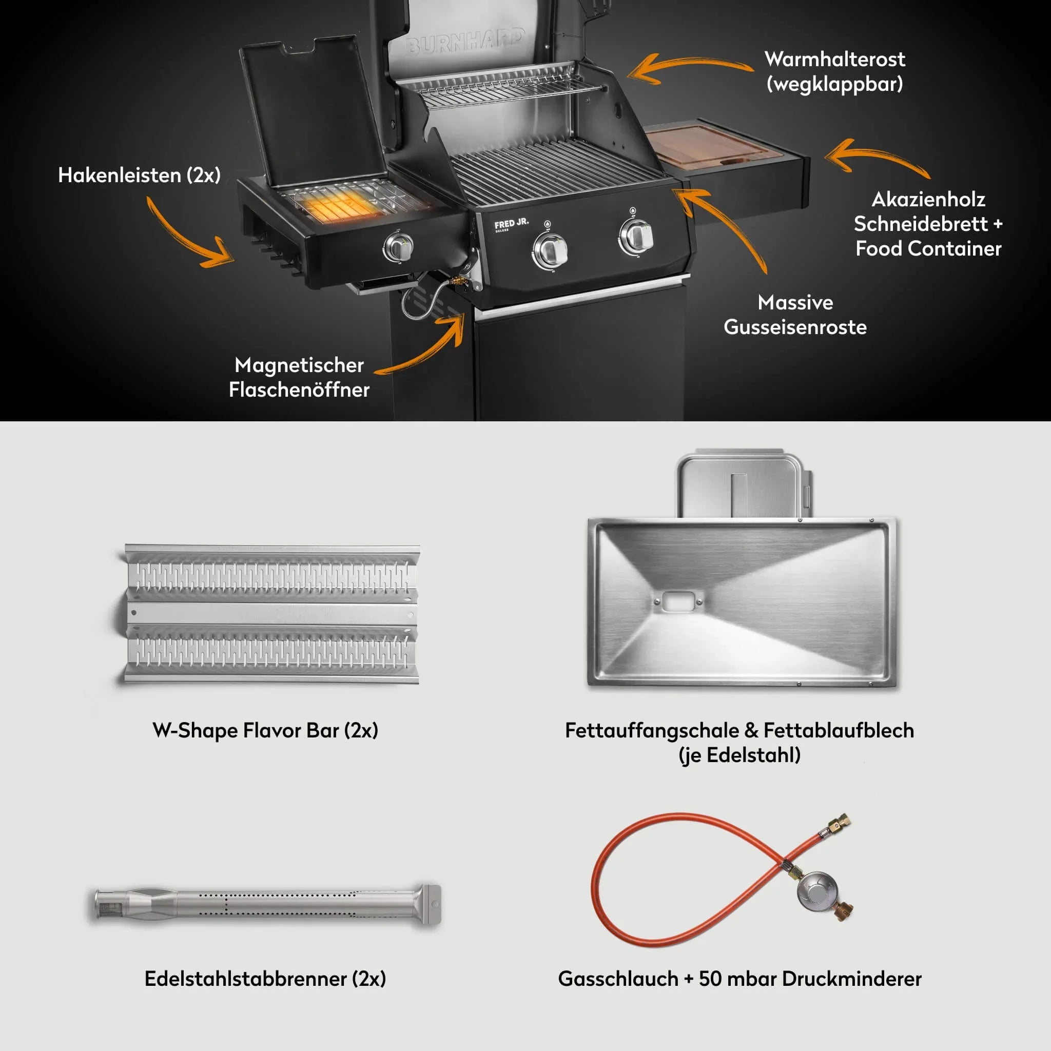 Burnhard FRED Jr. Deluxe Gasgrill Black Edition 2-Brenner mit Edelstahlrost Series 4