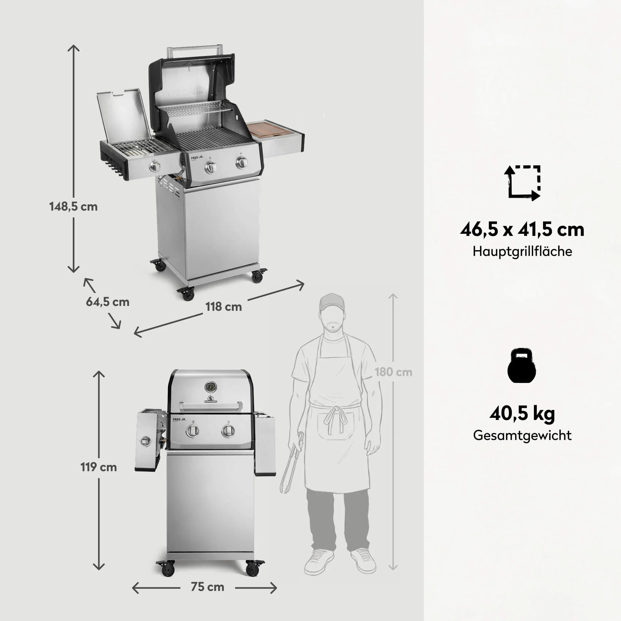 Burnhard FRED Jr. Deluxe Gasgrill Edelstahl 2-Brenner mit Edelstahlrost Series 4