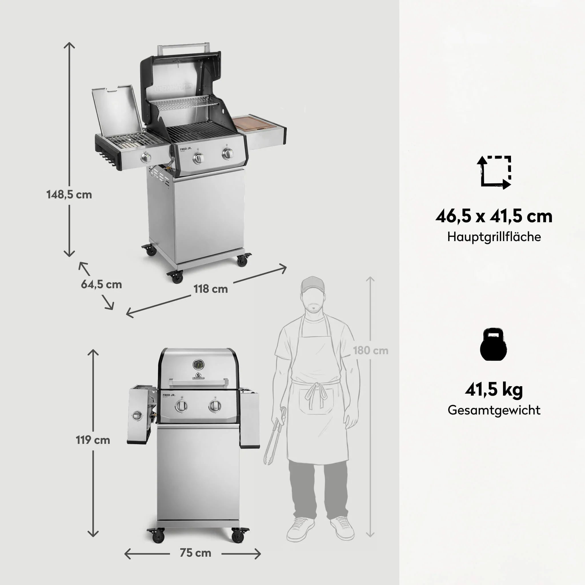 Burnhard FRED Jr. Deluxe Gasgrill Edelstahl 2-Brenner mit Gussrost Series 4