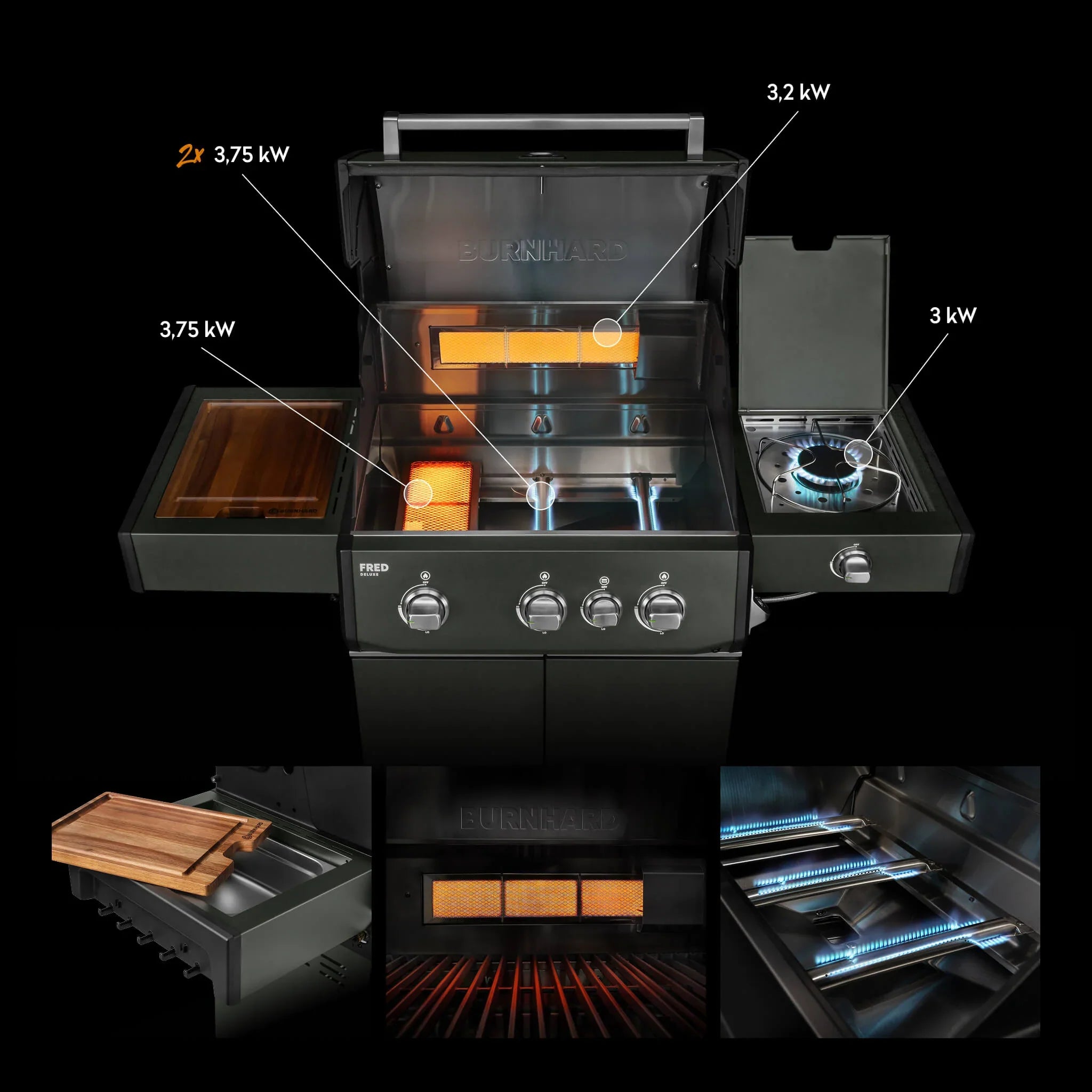 Burnhard FRED Deluxe Gasgrill 3-Brenner Green Edition mit Gusseisenrost Series 4