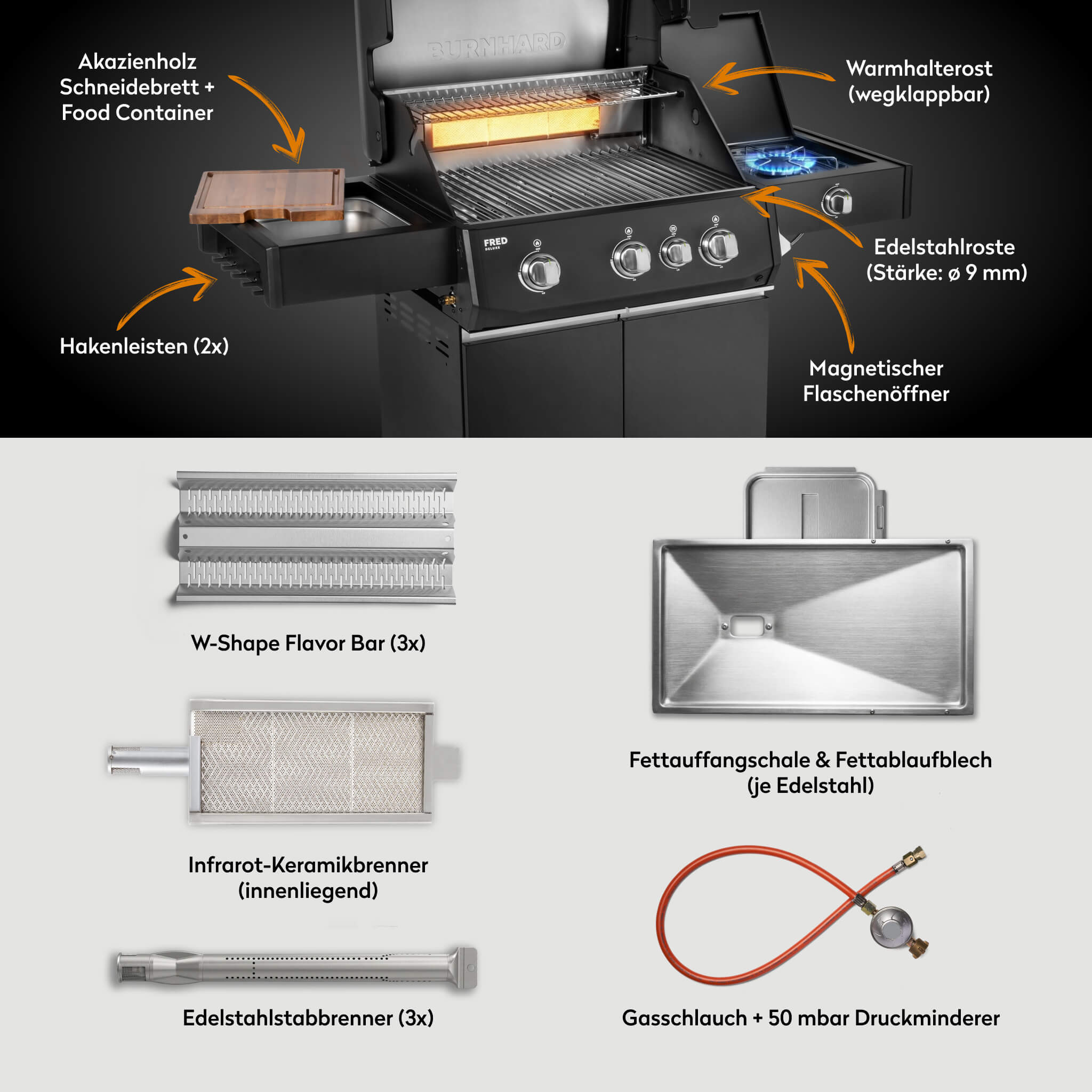 Burnhard FRED Deluxe Gasgrill 3-Brenner Black Edition mit Edelstahlrost Series 4