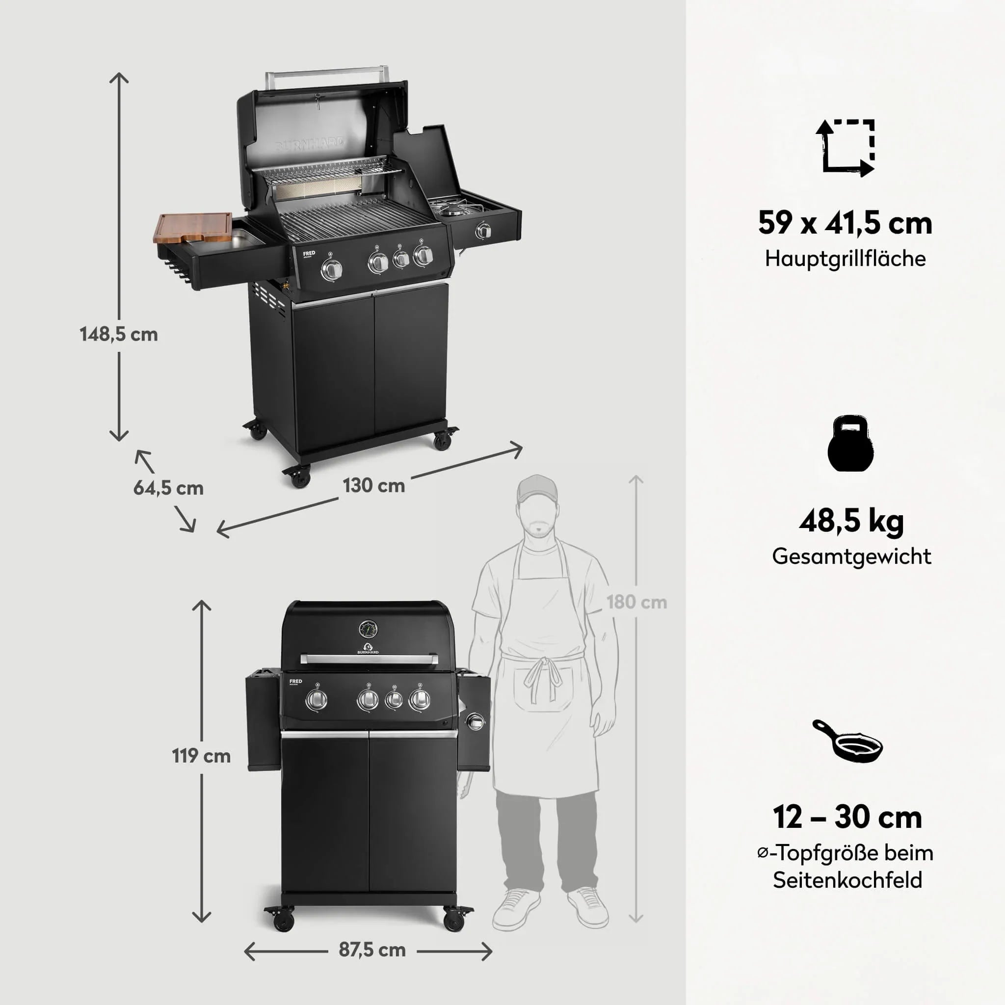 Burnhard FRED Deluxe Gasgrill 3-Brenner Black Edition mit Edelstahlrost Series 4