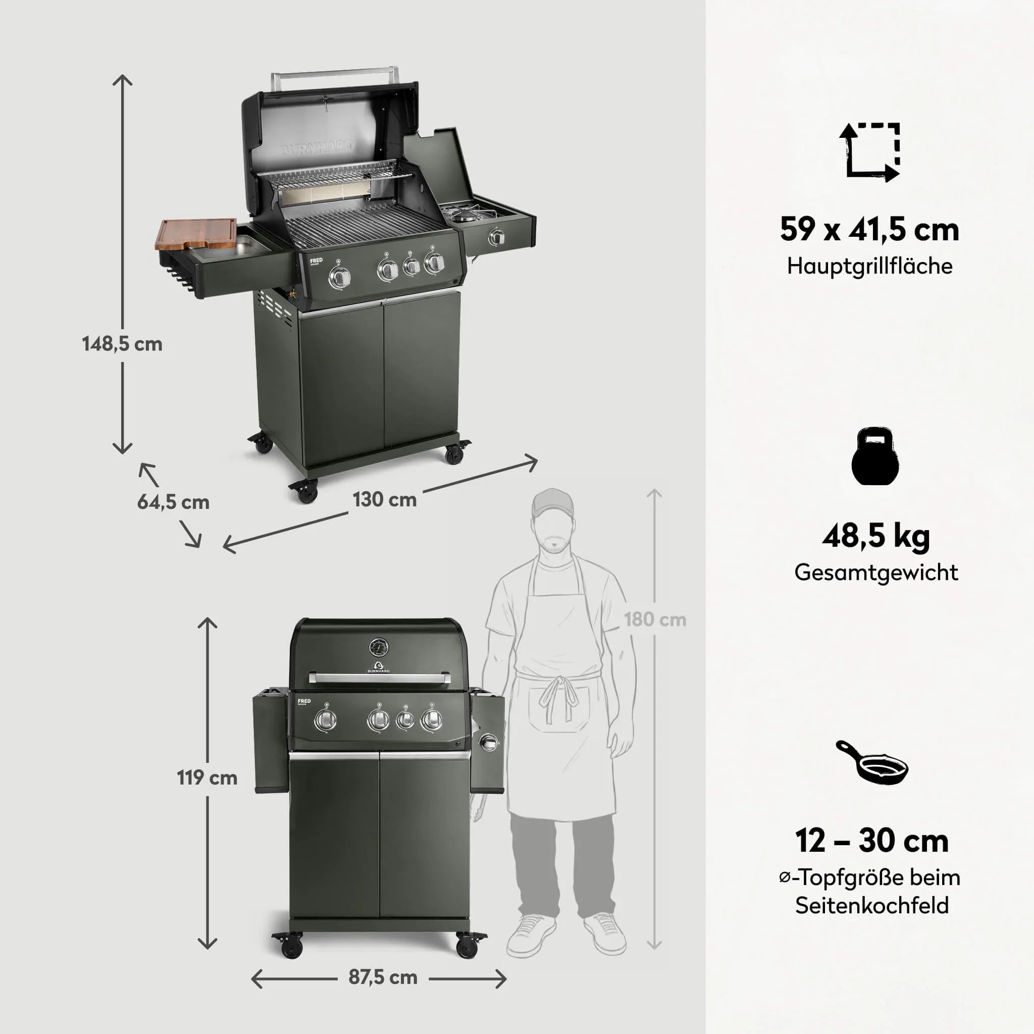 Burnhard FRED Deluxe Gasgrill 3-Brenner Green Edition mit Gusseisenrost Series 4