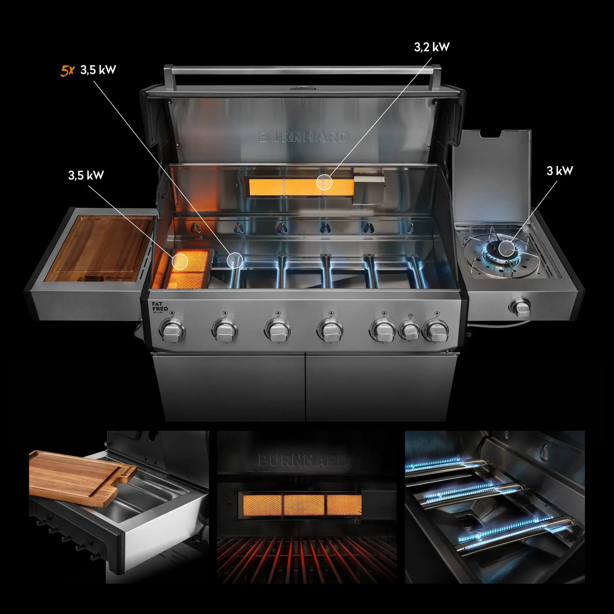 Burnhard Fat FRED Deluxe Gasgrill 6-Brenner Edelstahl mit Edelstahlrost Series 4