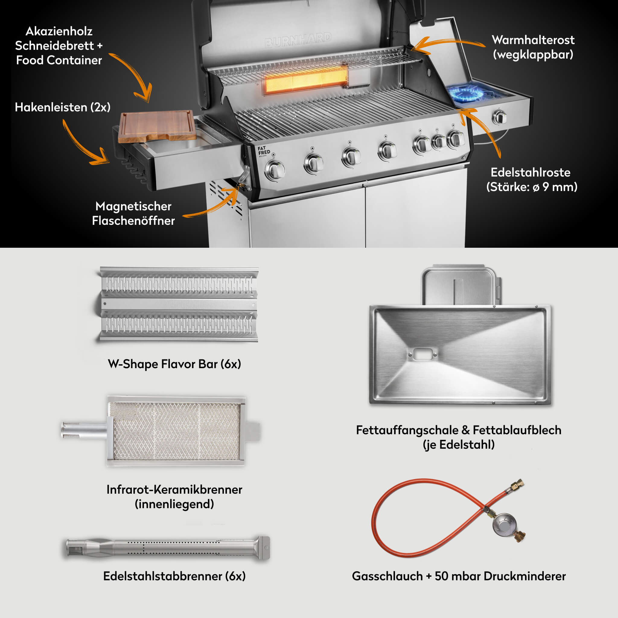 Burnhard Fat FRED Deluxe Gasgrill 6-Brenner Edelstahl mit Edelstahlrost Series 4